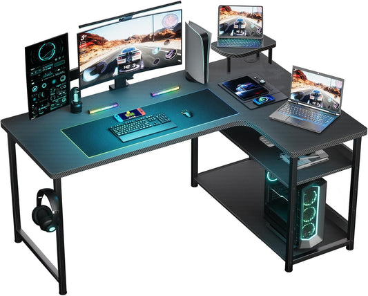 GTRACING L Shaped Gaming Desk, Carbon Fiber Style Computer Desk Compatible with Monitor Arm Storage Shelves Corner Desk Gaming Table for Home Office Desks Easy to Assemble Adjustable Shelf Height