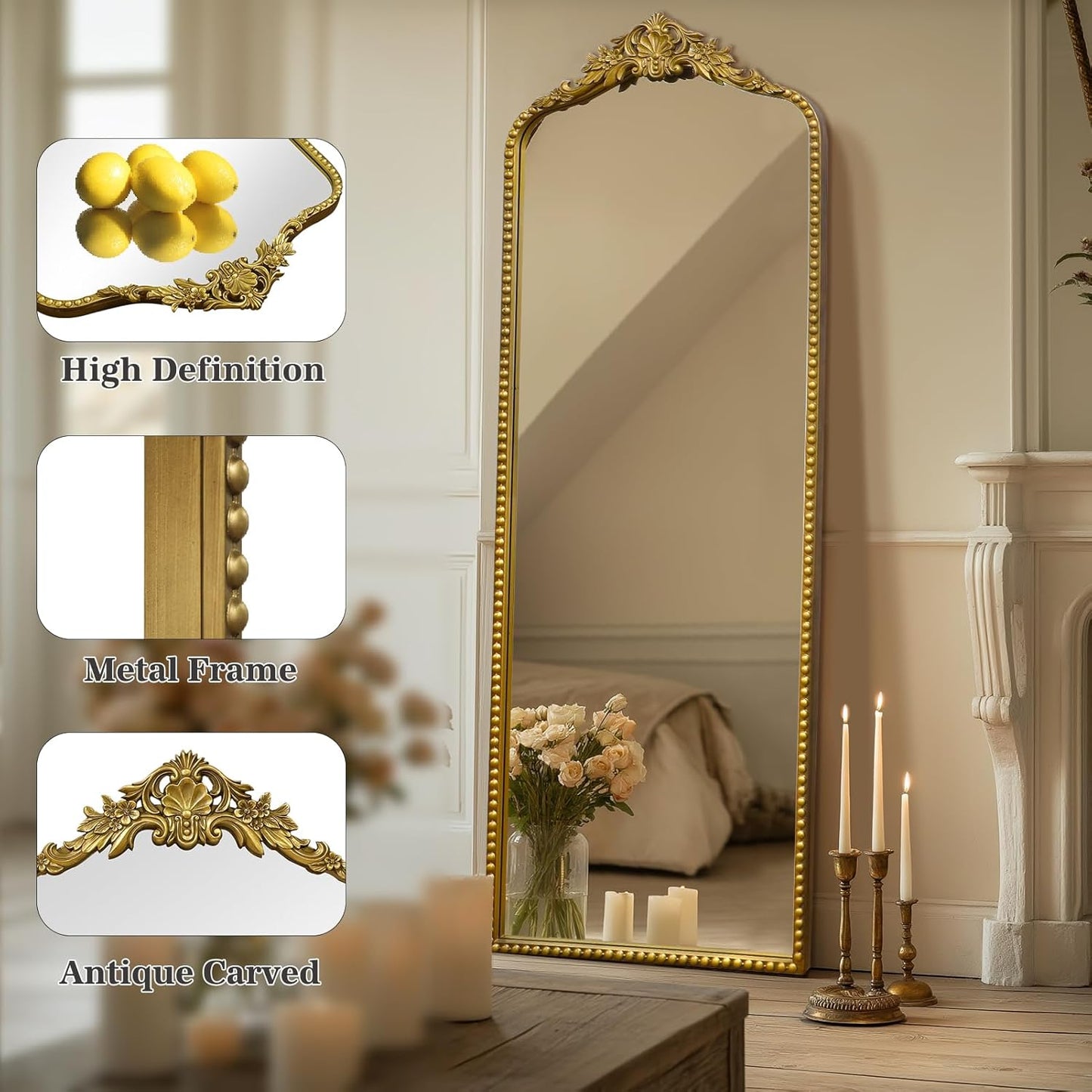 G-LEAF Vintage Baroque Full Length Floor Mirror 22"X65", Victorian Antique Mirror with Brush Gold Ornate Metal Frame for Fireplace Entryway Living Room Hallway Bathroom