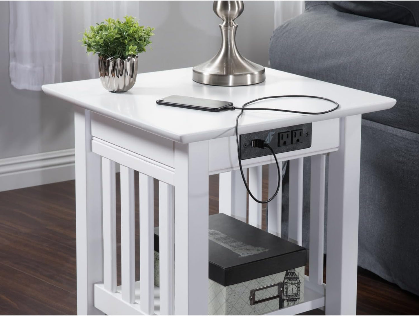 AFI, Mission End Table with Charging Station, White