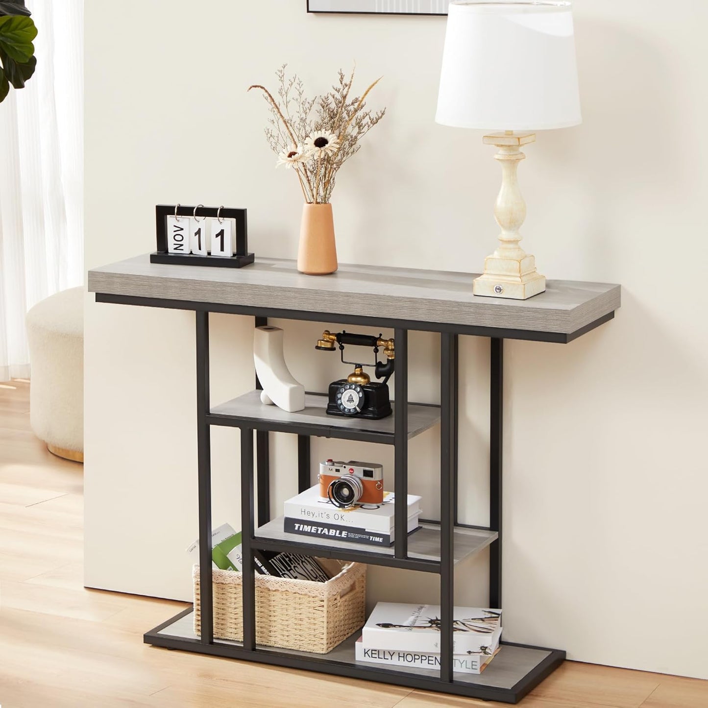 HABUTWAY 42" Industrial Console Table, Narrow 4-Tier Wood Entryway Table for Living Room, Accent Tables Living Room, Hallway Table, Sofa Table for Front Door, Hallway, Foyer, Rustic Grey