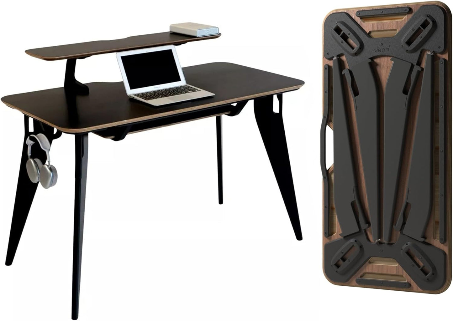 HOEK Student Desk Bundle, 47.5" x 23", Collapsible Dorm or Home Study Desk with Monitor Shelf, Under Shelf, Side Hook and Wall Storage, Portable Table with Easy Tool-Free Setup (Black/Black)