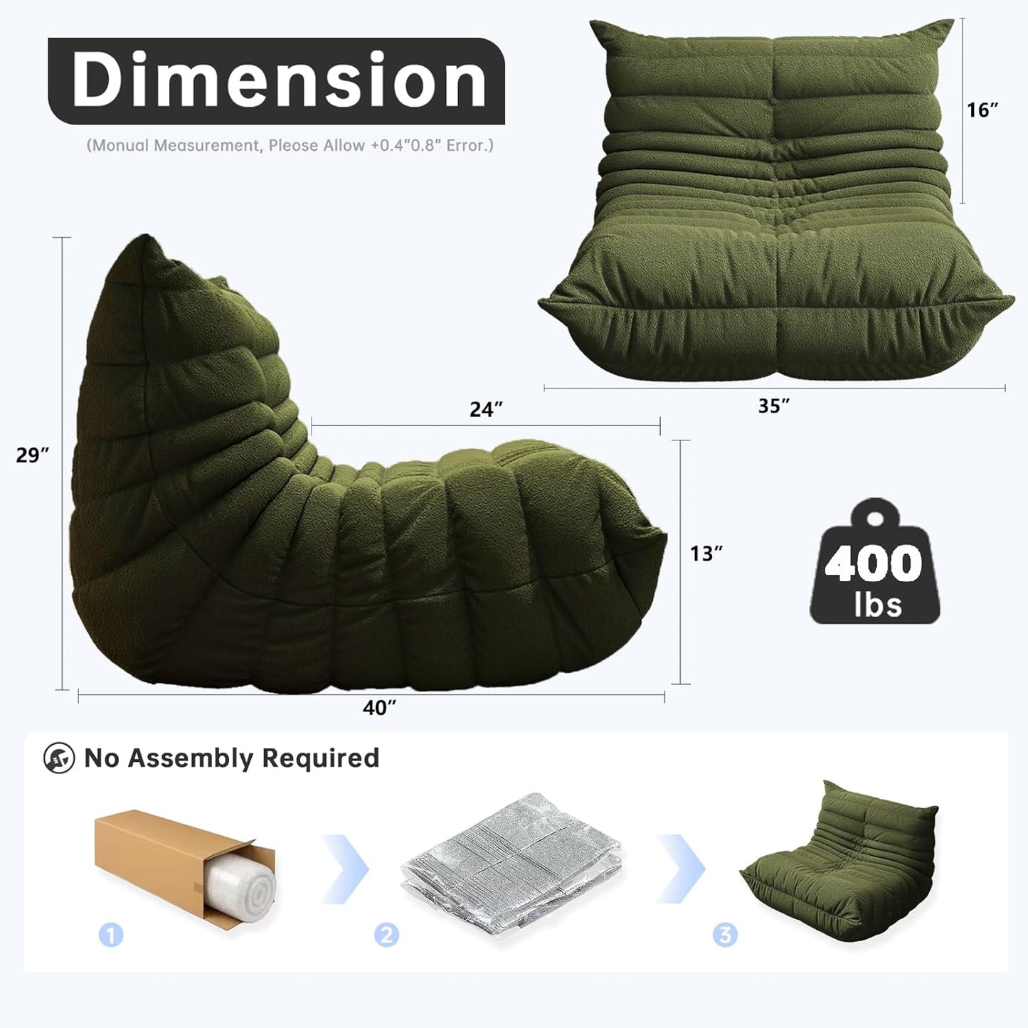 Bean Bag Chairs for Adults, BeanBag Reading Chair Memory Foam Couch, Floor Chair Soft Teddy Material, Comfy Reading Nook Chairs for Bedroom Living Room Office (Green)