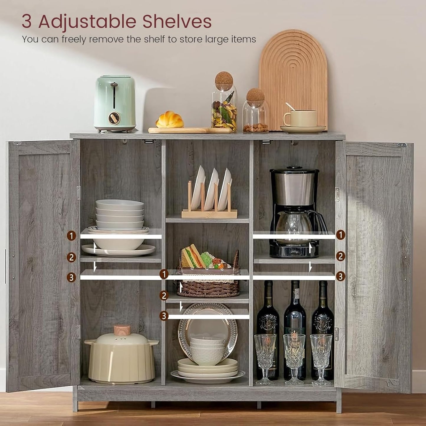 Iwell Storage Cabinet with 2 Doors and 4 Adjustable Shelves, Buffet Cabinet with Storage, Floor Cabinet for Living Room, Entryway, Kitchen, Rustic Gray