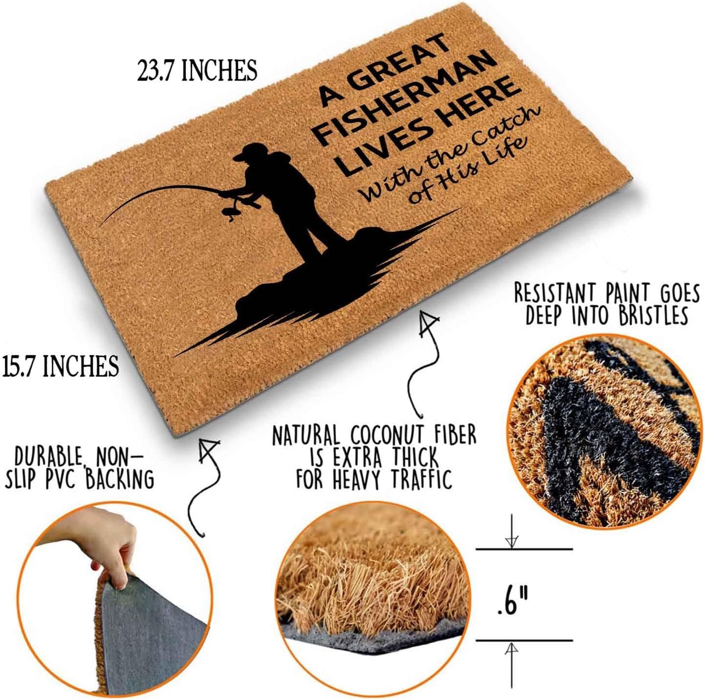 Funny Coir Doormat with A Great Fisherman Lives Here with The Catch of His Life - Front Door Mat, Entryway Welcome Mat, 23.7 x 15.7 inch
