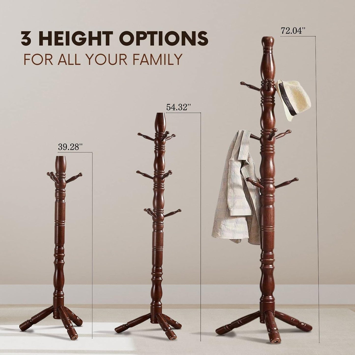 Coat Rack, Natural Wood Coat Racks with 3 Height Options and 9 Hooks,Coat Tree Ease of Assembly,Freestanding Hall Tree for Home/Office/Entryway/Hallway (Walnut)