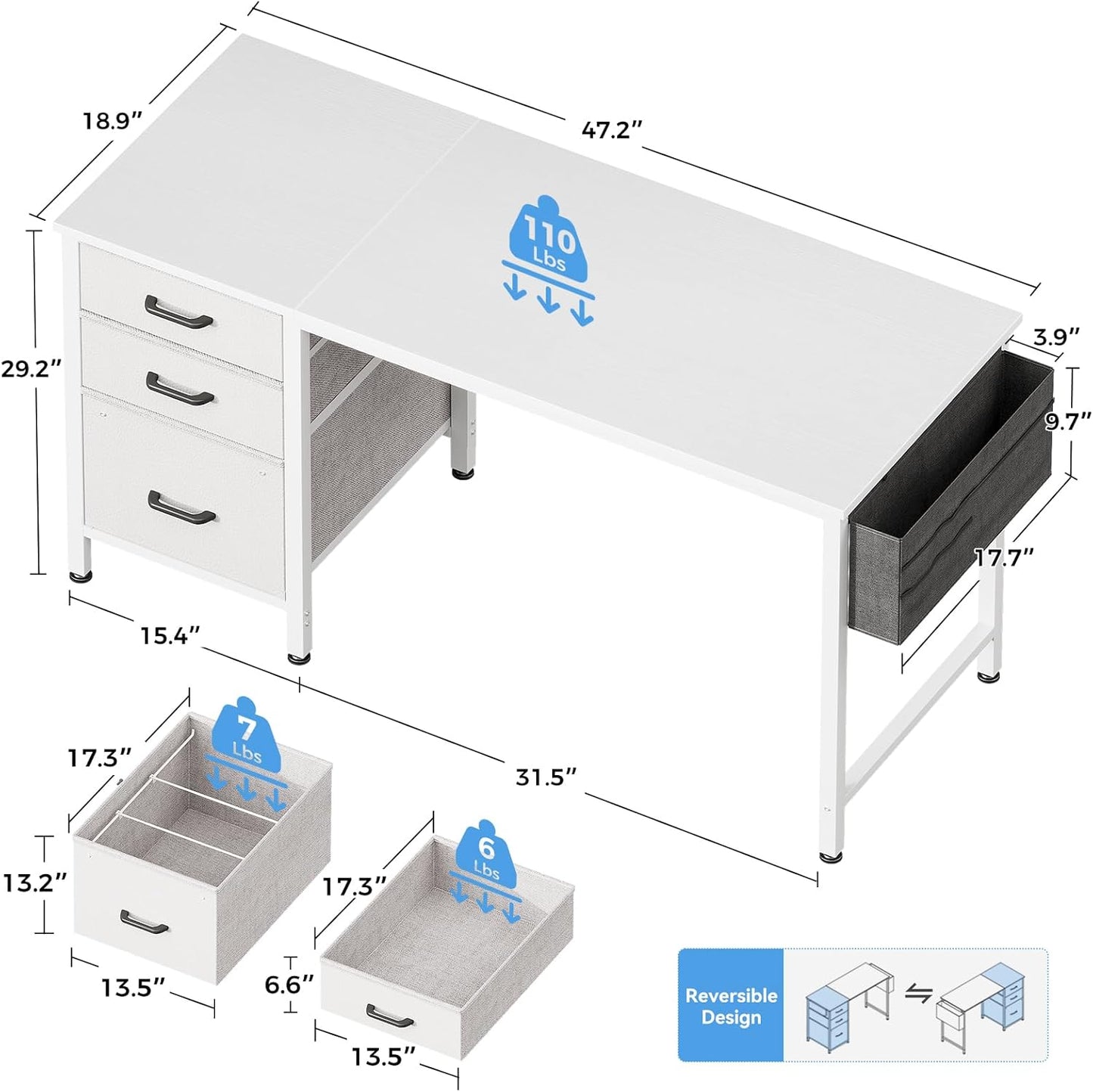 Casaottima 40" Small Computer Home Office Desk for Bedroom with Fabric Drawers & File Cabinet, Cloth Storage Bag and Hook, Writing Study Work Table for Small Space, White