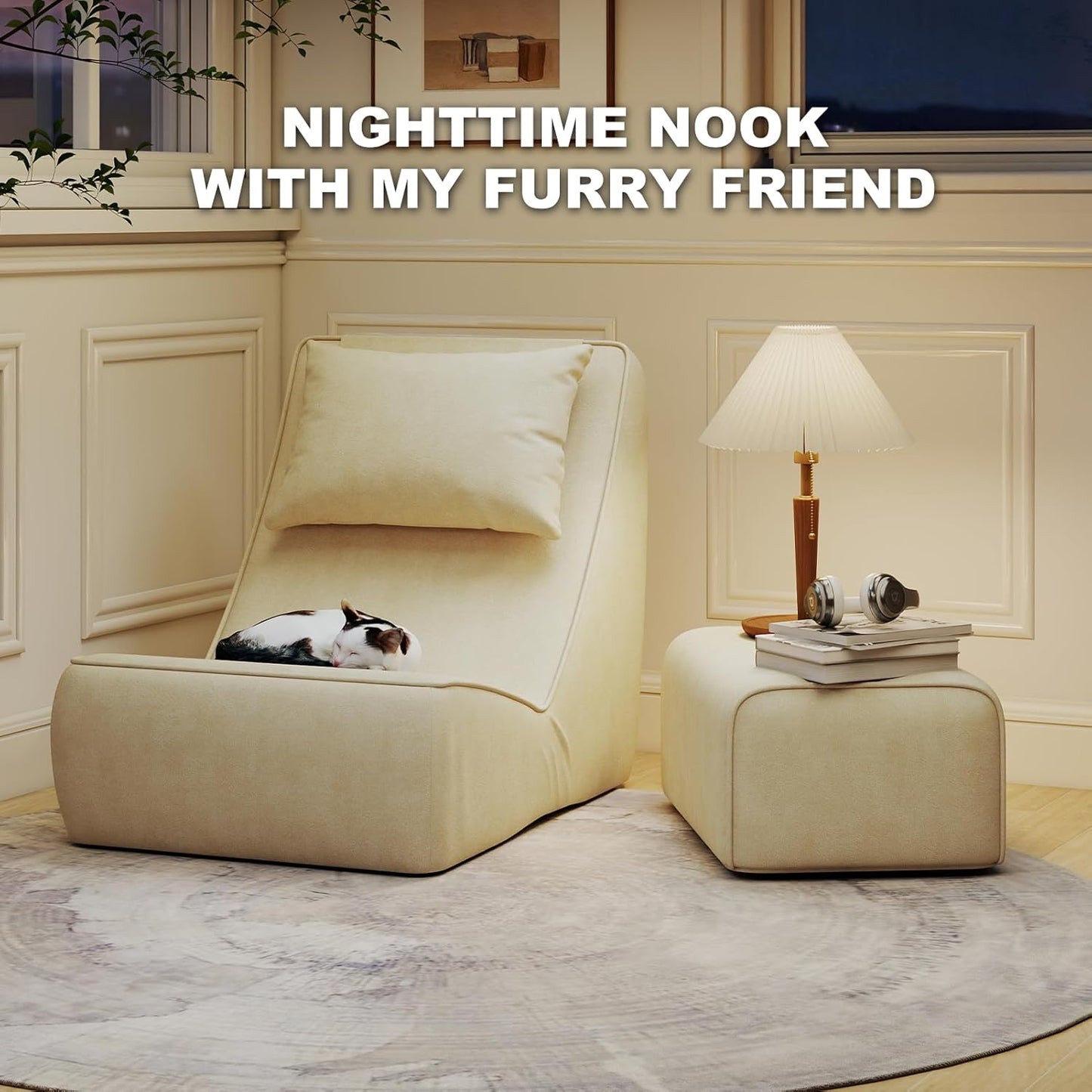 Giant Bean Bag Chair for Adults - Indoor Chaise Lounge with Neck Pillow & Ottoman, All-in-One Sponge Design, Comfy Floor Chair for Reading, Gaming, Napping, and Movies (Khaki)