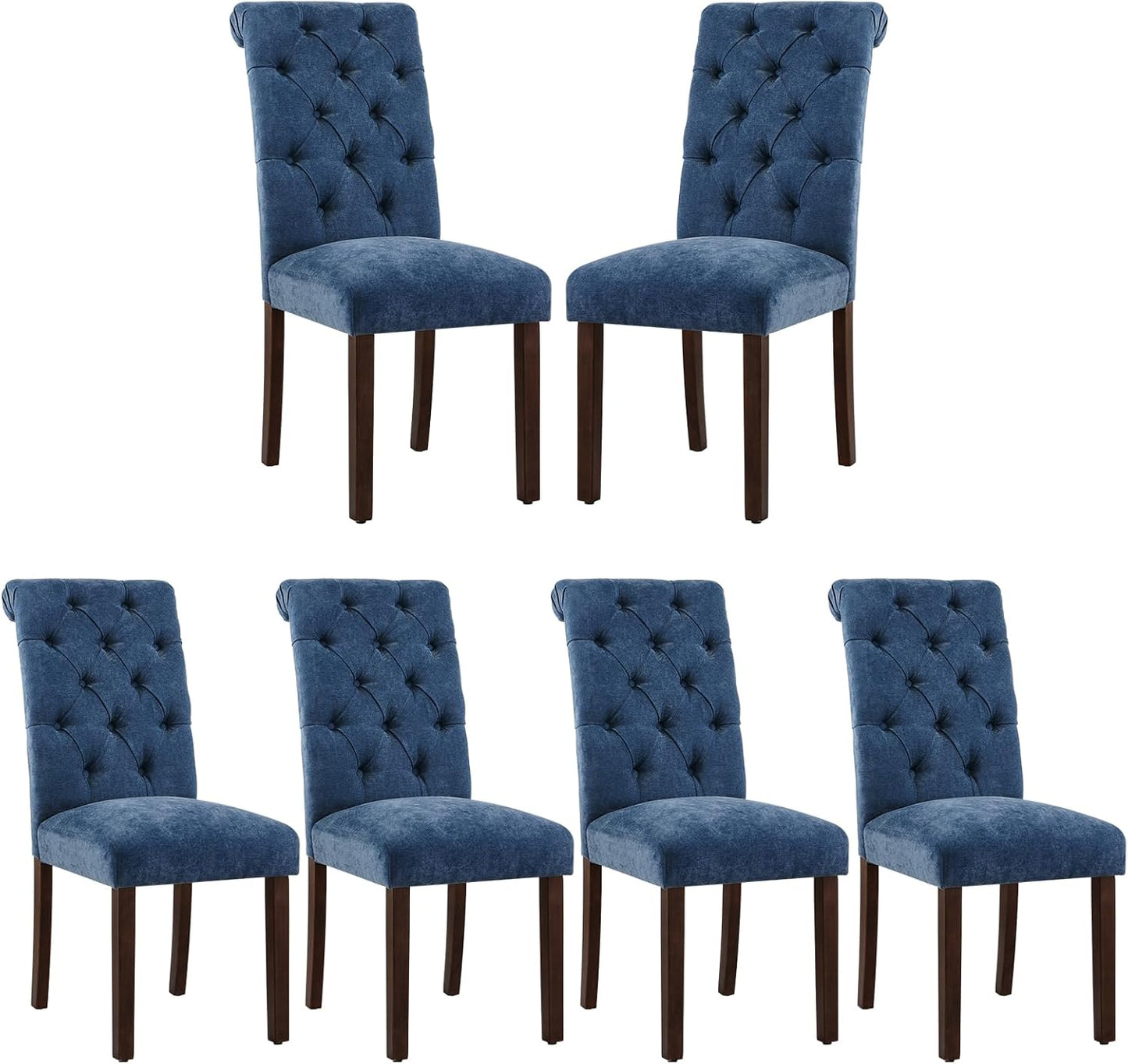COLAMY Button Tufted Dining Chairs Set of 6, Parsons Upholstered Fabric Dining Room Chairs Kitchen Chairs with Wood Legs and Padded Seat, Blue