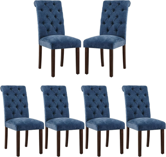 COLAMY Button Tufted Dining Chairs Set of 6, Parsons Upholstered Fabric Dining Room Chairs Kitchen Chairs with Wood Legs and Padded Seat, Blue