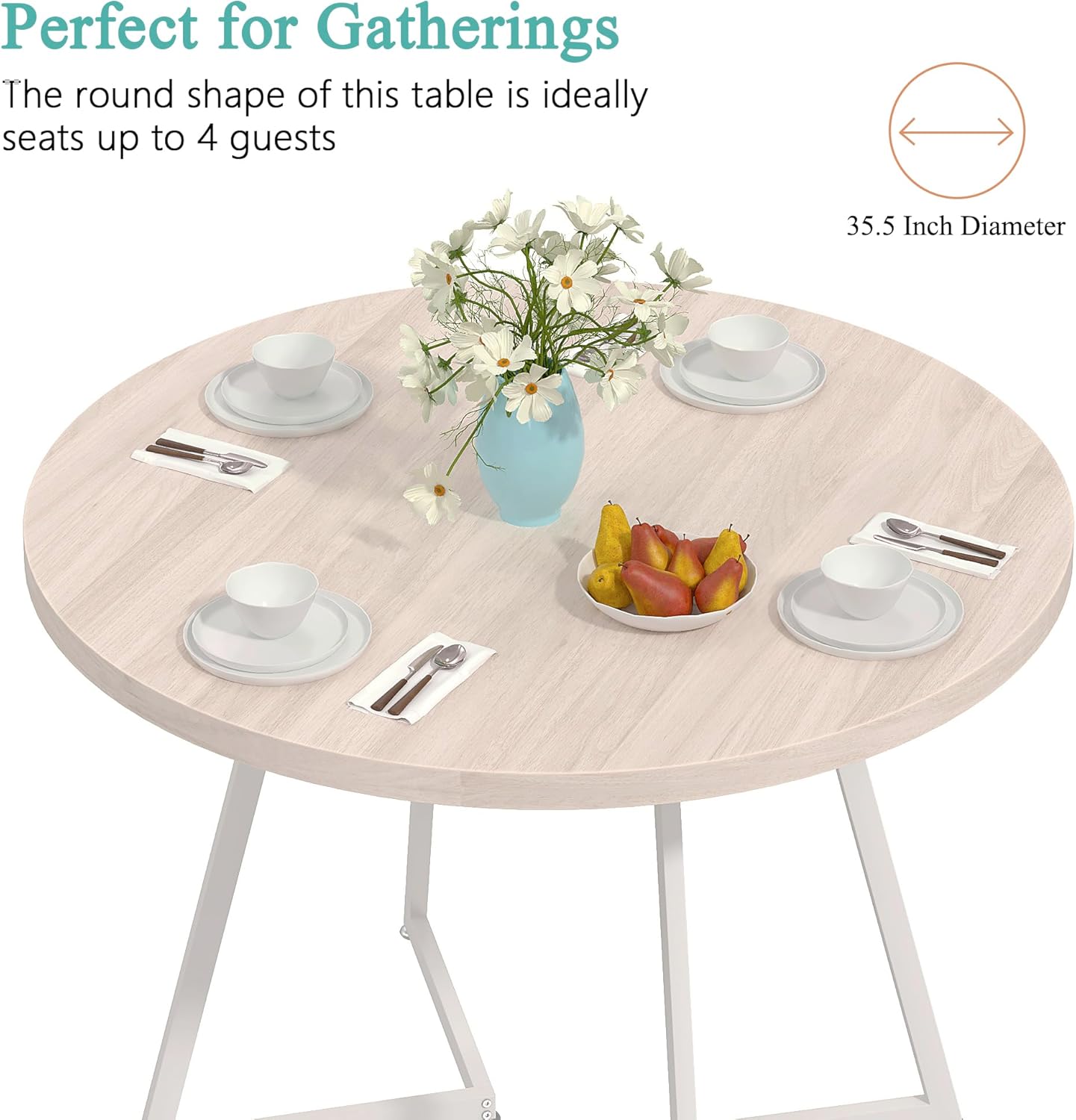 VECELO 35" Round Dining Table for 4, Wood-Grain Tabletop & Heavy-Duty Steel Frame, for Kitchen, Living Room, Easy Assembly, Natural & White