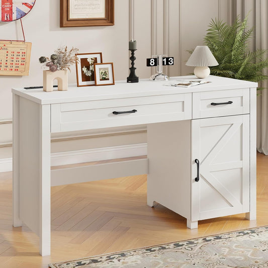 Farmhouse 47" Executive Desk, Computer Desk with Drawers and Storage Cabinet, Workstation Computer Desk for Home Office, Study.(Cream White)