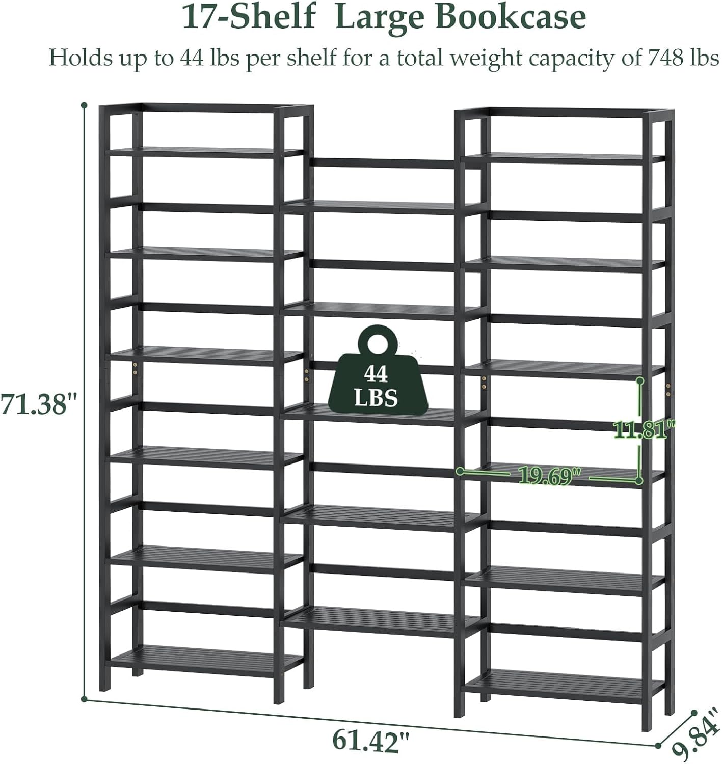 Homykic Bamboo Triple Wide Shallow Bookshelves and Bookcases, 6-Tier 6ft Tall Bookshelf with 17 Open Display Shelves, Super Large Freestanding Book Shelf for Home Office, Bedroom, Living Room, Black