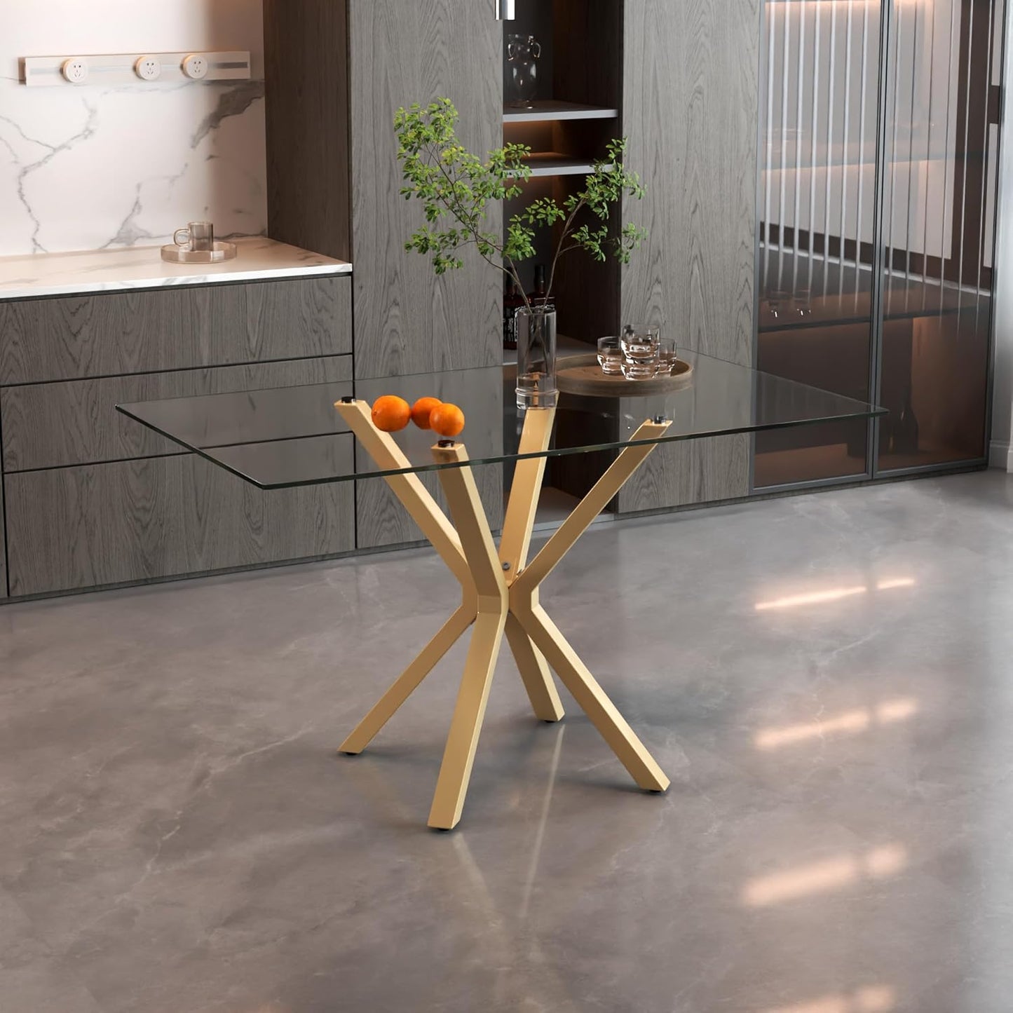 Tempered Glass Dining Table for 4, 48 Inch Rectangular Kitchen Table with Gold Metal Legs Modern Style Dinner Table for Dining Room Kitchen