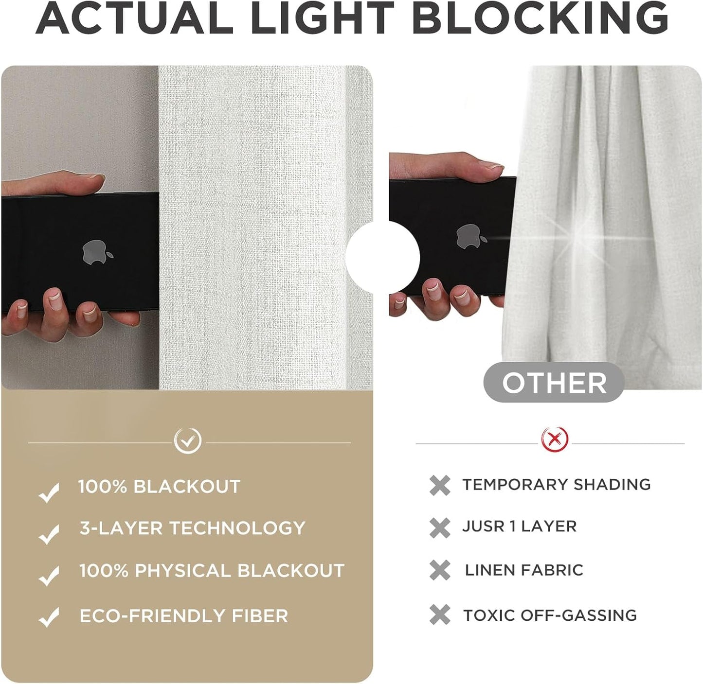 Joydeco 100% Blackout Curtains for Bedroom - Natural Linen Curtains 70" W x 108" L, Thermal Insulated 1 Panels White Light Blocking Drapes, Rod Pocket & Back Tabs, Darkening Privacy for Living Room