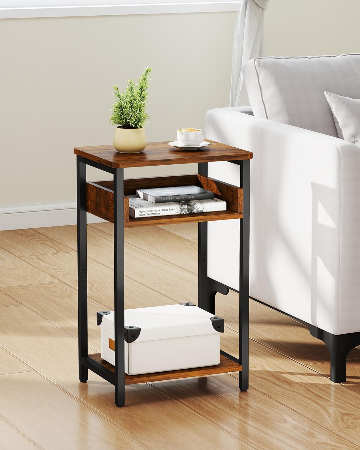 Side Table, 25 inch High End Table, Small Bedside Table for Living Room, Bedroom and Office, Rustic Brown & Black