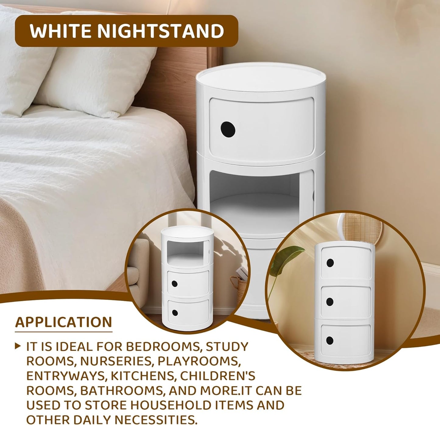 3 Tier Round with Storage, Modern Style Side Table, Multifunctional End Table Storage Cabinet for Living Room, Bedroom, Bathroom (White)