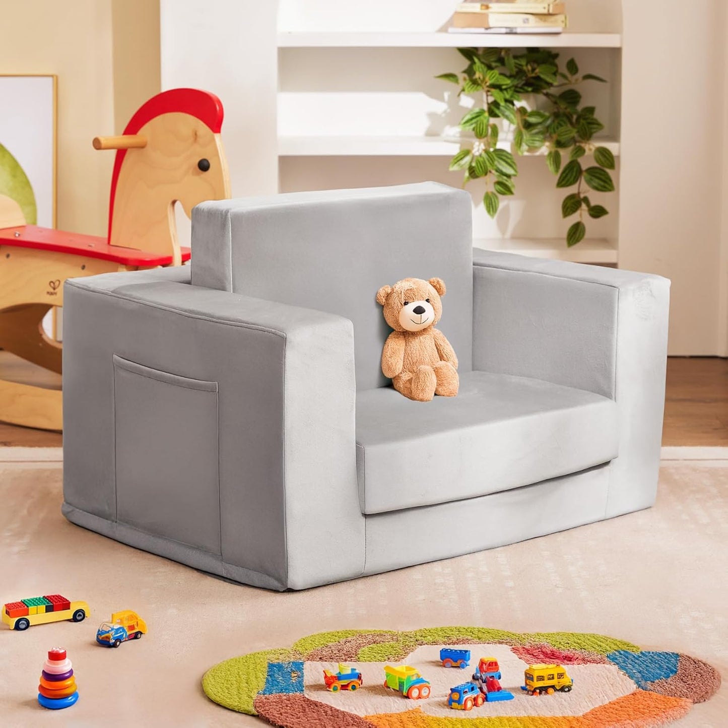 Kids Couch, 2-in-1 Toddler Chair Comfy 1-3 Years Old, Convertible Kids Chair, Toddler Couch That Fold Out, Kid Lounge Chairs for Boys and Girls, Soft Coral Fleece, Grey