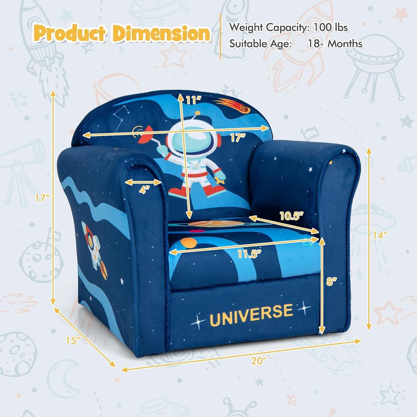 Costzon Kids Couch, Children's Sofa Armrest Chair with Pattern, Toddler Furniture w/Sturdy Wood Construction, Preschool, Lightweight Kids Couch Sofa Chair for Aged 1-5 Boys & Girls Gifts, Astronaut