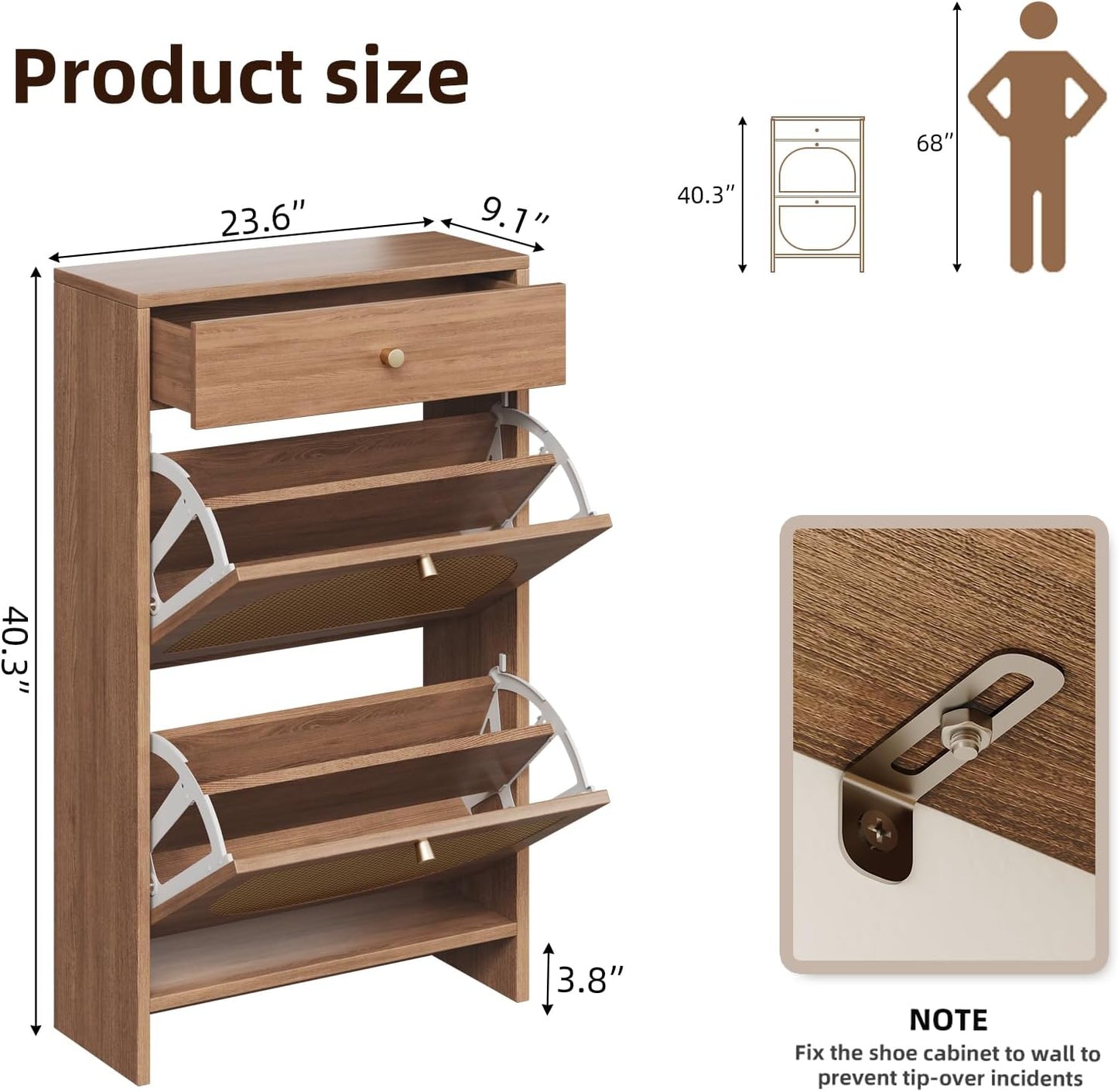 Nicetree Shoe Storage Organizer with 2 Flip Drawers and 1 Drawer, Freestanding Fluted Accent Narrow Shoe Rack, Farmhouse Shoe Cabinet with 3-Tier Adjustable Shelves for Hallway Foyer Rustic