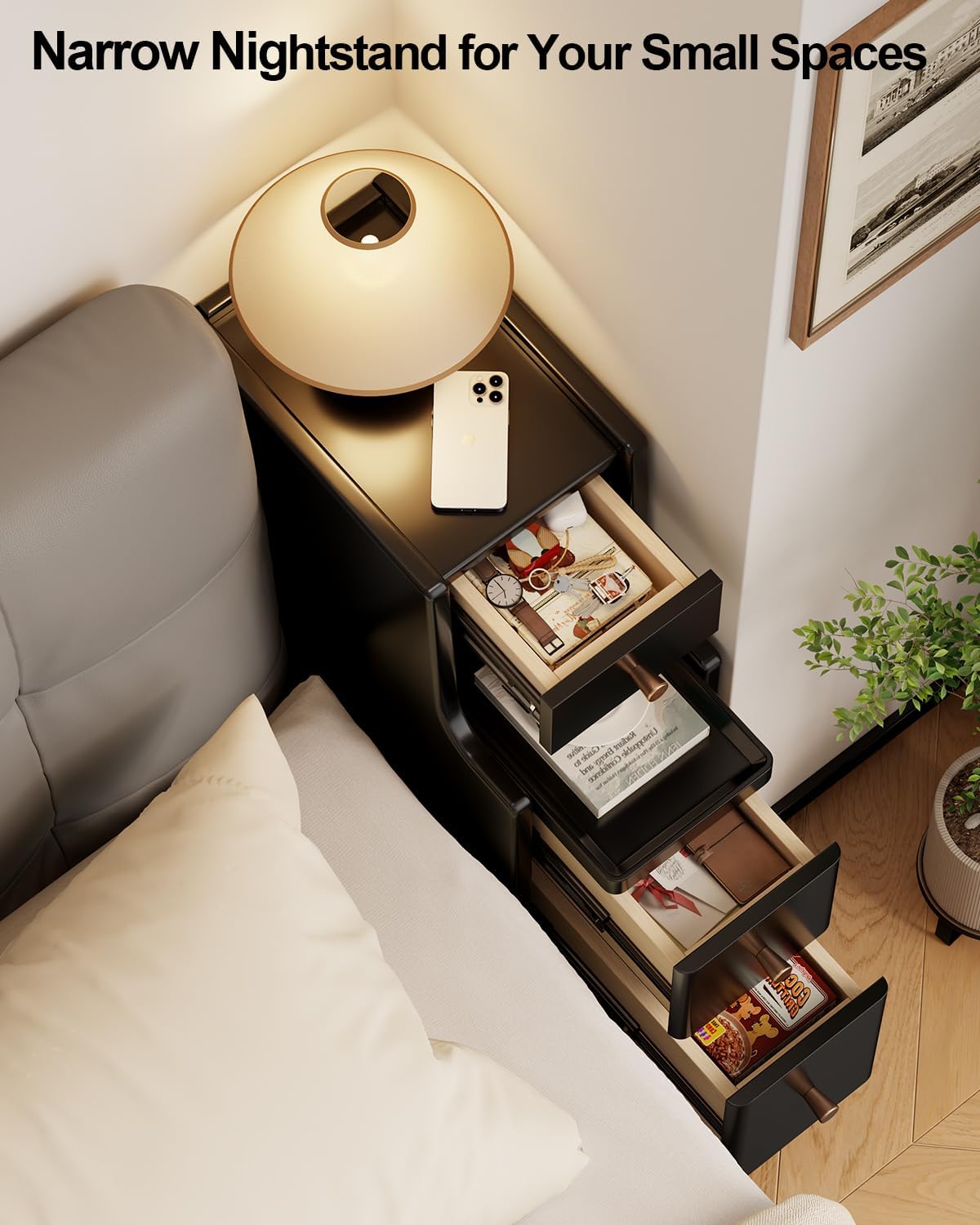 Narrow Nightstand with 3 Drawers,Solid Wood Narrow Bedside Tables, Small Bedside Tables,Modern Slim Small Nightstand for Bedroom(Black)