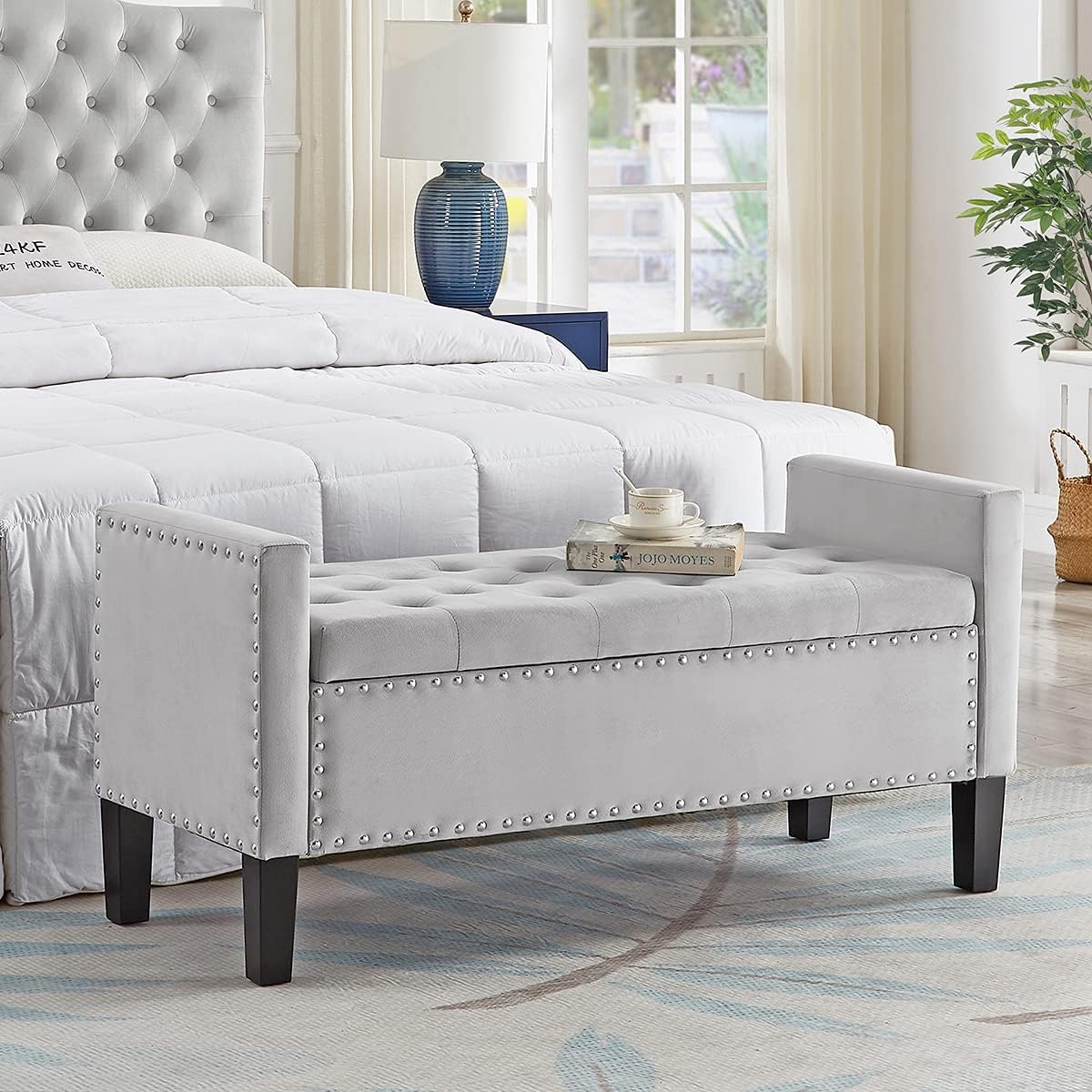 24KF Velvet Modern Upholstered Tufted Button Storage Bench with Arms for Bedroom,Entryway Living Room Soft Padded Seat -Gray