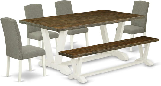 East West Furniture V077EN206-6 6 Piece Dinette Set Contains a Rectangle Dining Table with V-Legs and 4 Dark Shitake Linen Fabric Parson Chairs with a Bench, 40x72 Inch, Multi-Color