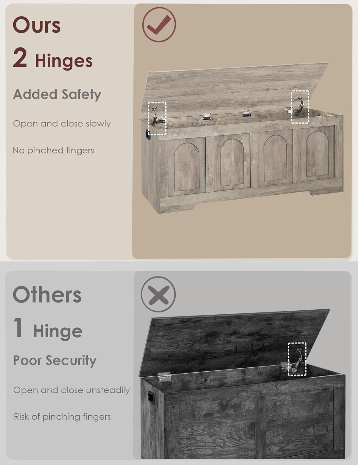 DINZI LVJ Storage Chest, 47.2”Wooden Storage Box with 2 Safety Hinges, Entryway Shoe Bench with Flip-Top, Large Trunk for Living Room, Bedroom, Easy Assembly, Gray Wash