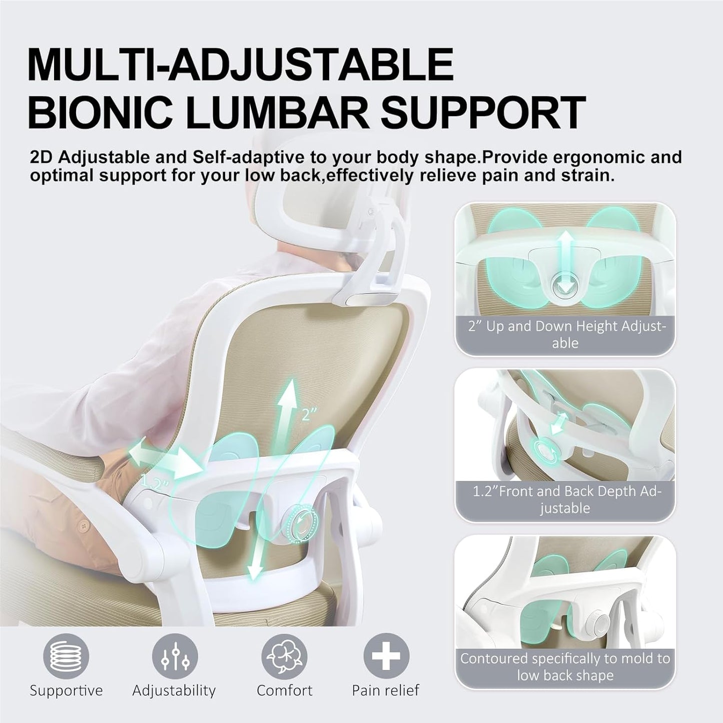 Ergonomic Office Chair,Ultra Thick Office Desk Chair with Adjustable Lumbar Support and Headrest,Spring Cushion,Rocking Function,Flip-up arms,Mesh Computer Chair for Home Office,Khaki