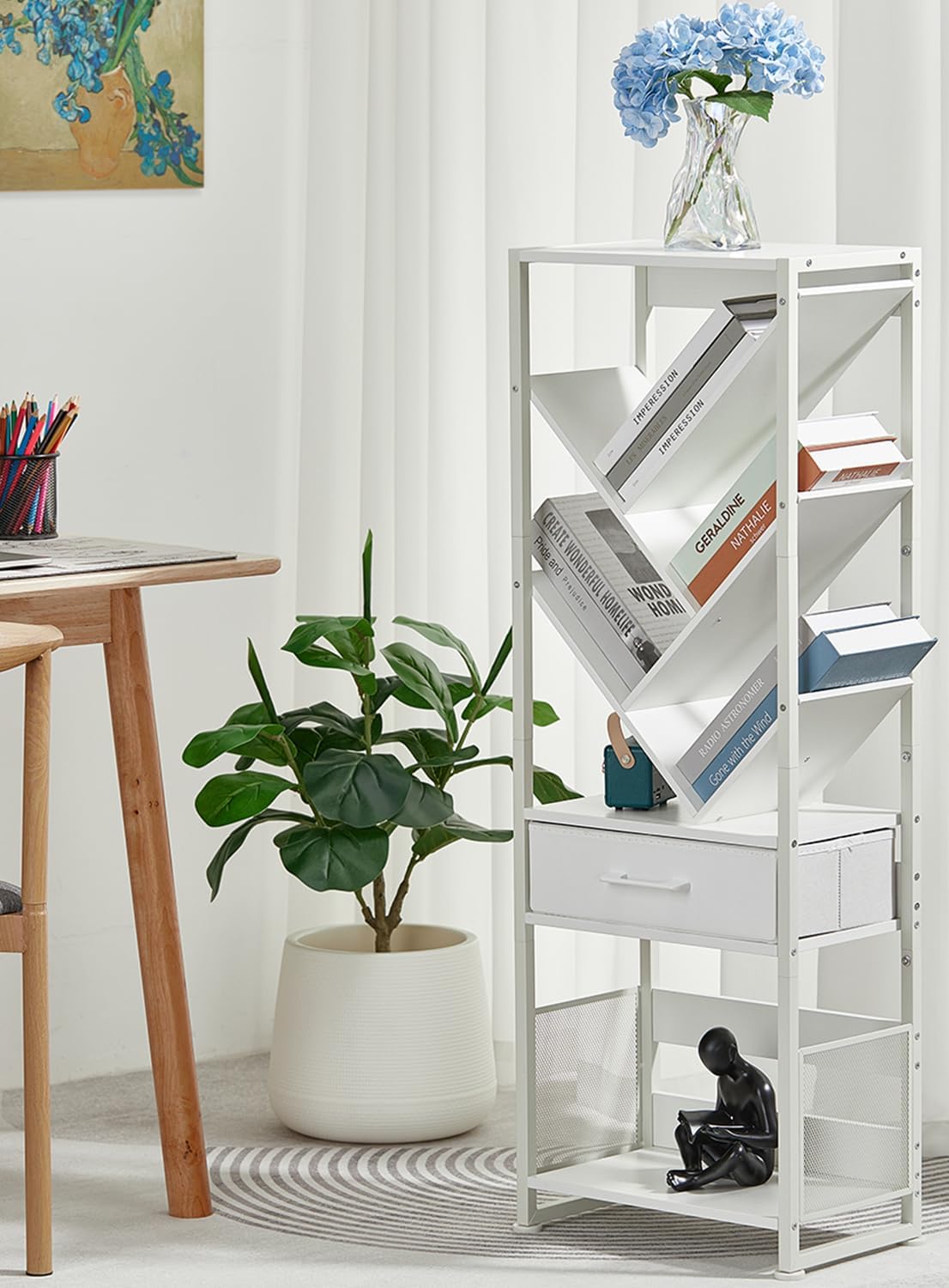 Bookshelf with Drawer,8 Tier Tree Bookcase Retro Floor Standing Bookshelves,Tall Wood Bookcases with Cabinet Storage Organizer for Living Room, Bedroom & Home Office, White