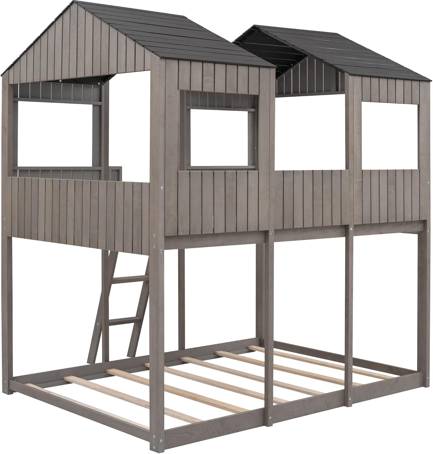 Ball & Cast Full Over Full Size Playhouse Bunk Bed with Roof and Window,Wood Bunkbed w/Full-Length Guard Rail & Ladder,Slat Support,Space Saving,Bedroom Furniture for Student Dorms,Antique Gray