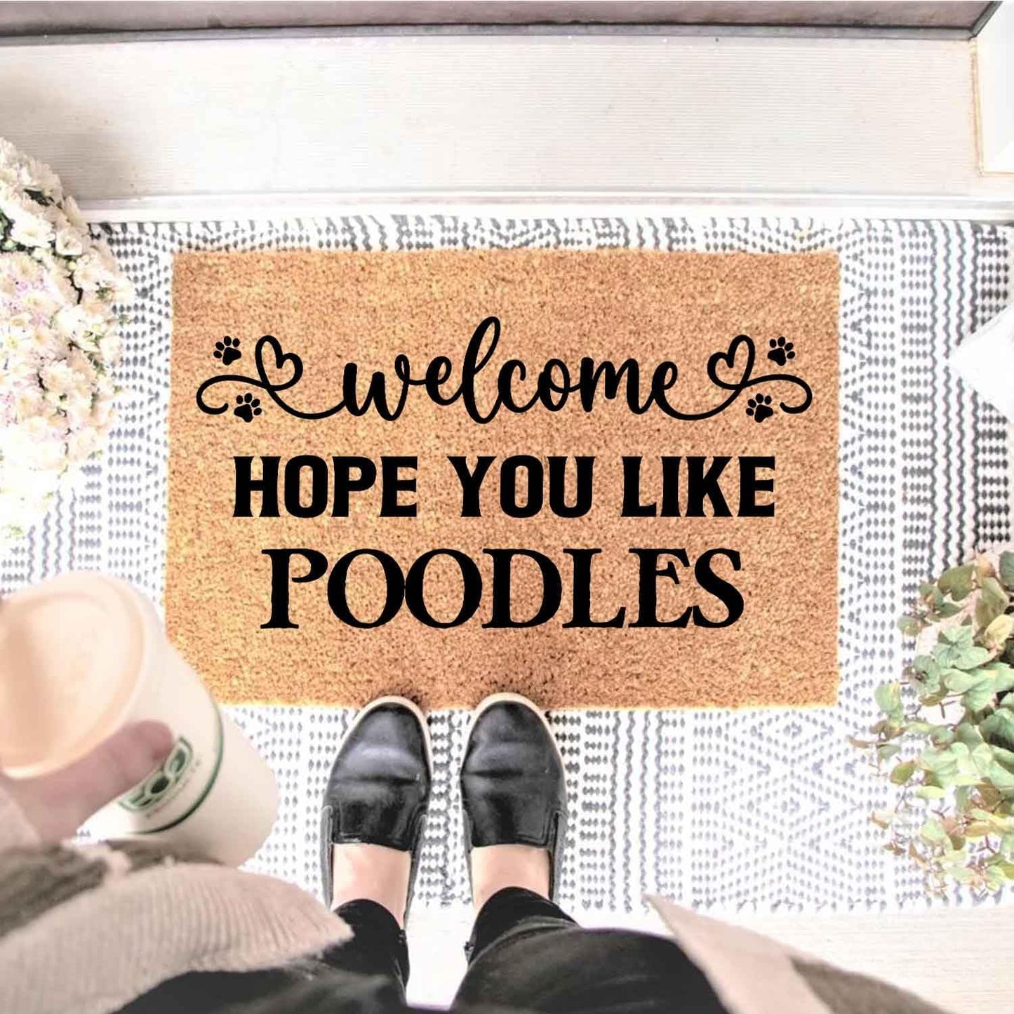 Funny Coir Doormat with Welcome Hope You Like Poodles - Front Door Mat, Entryway Welcome Mat, 23.7 x 15.7 inch