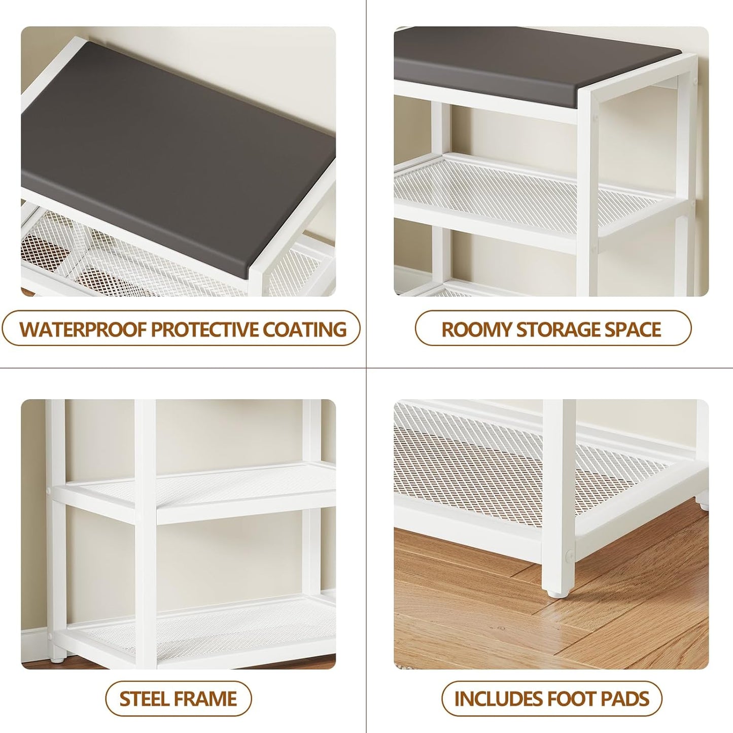 Small Shoe Bench Shoe Rack Storage Bench Entryway Bench Shoe Shelf with Seat Cushion, Stable Shoe Organizer for Entryway, Living Room, Bench Seat Holds Up to 300 lb, (18"L x 12"W x 17"H, White)