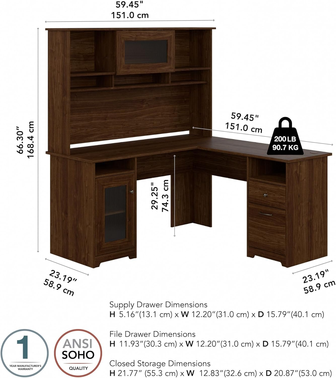 Bush Furniture Cabot L Shaped Desk with Hutch | Corner Desk with Storage for Home Office in Modern Walnut | 60W L Shaped Computer Desk