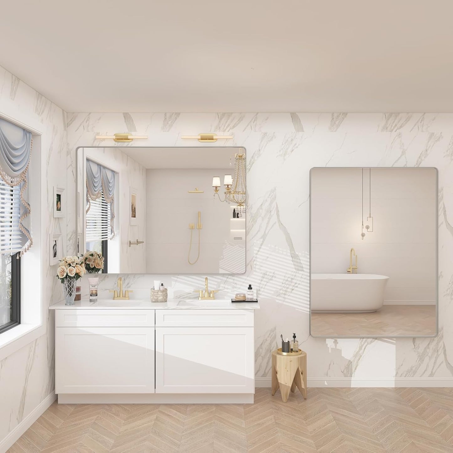 55x40 Silver Brushed Nickel Bathroom Mirror for Wall, Rounded Rectangle Silver Framed Bathroom Vanity Mirror, Anti-Rust, Shatterproof, Hangs Horizontally or Vertically