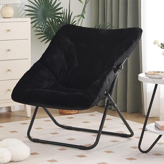 Saucer Chair, Comfy Bedroom Chairs, Oversized Folding Faux Fur Chair, Foldable Metal Frame Chair for Bedroom, Patio, Study, Playroom (Black)