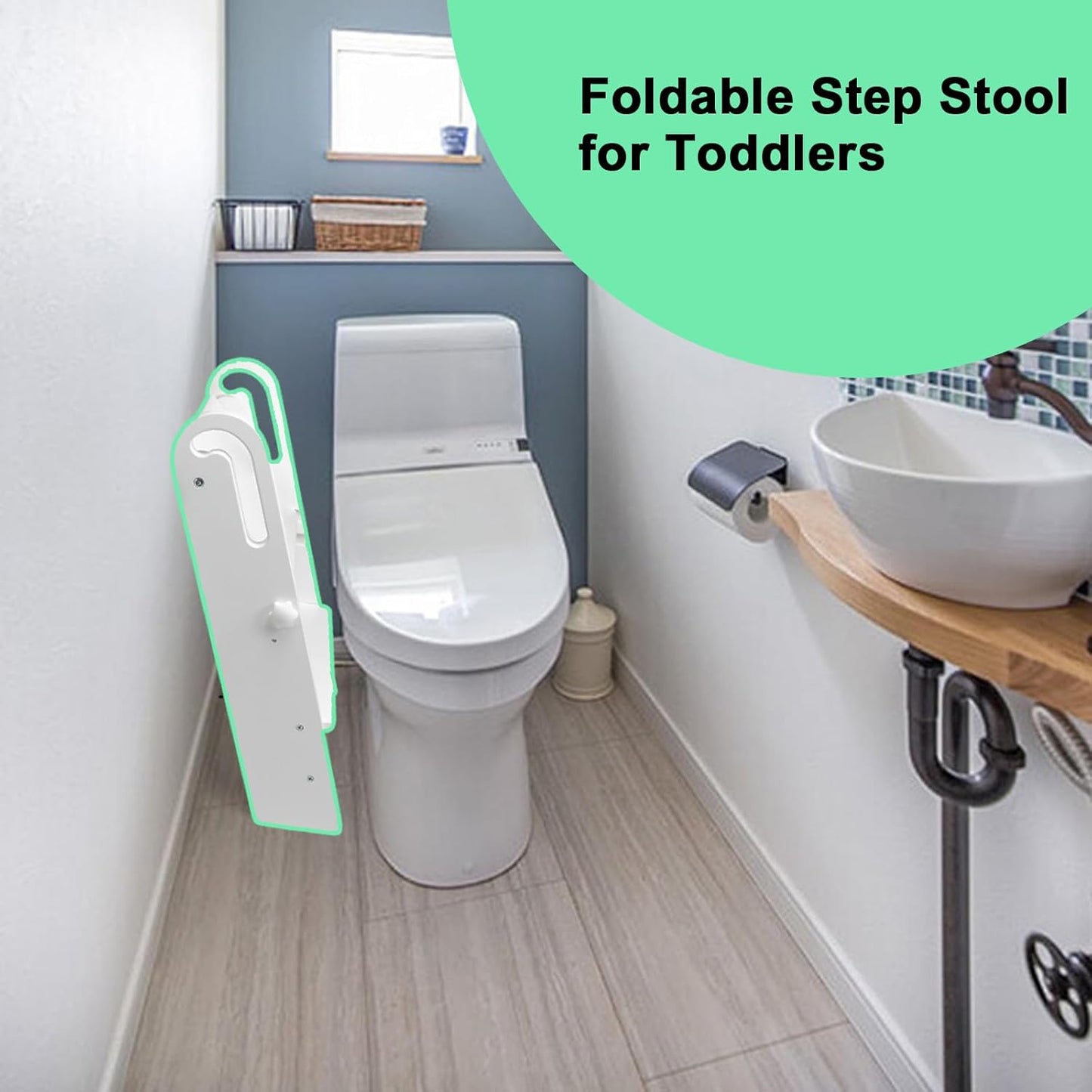 WOOD CITY Step Stool Foldable for Toddlers, Adjustable Kids Step Stool for Bathroom Sink Toilet Potty Training Stool with Handles Child Kitchen Counter Stool Helper Montessori Kitchen Stools