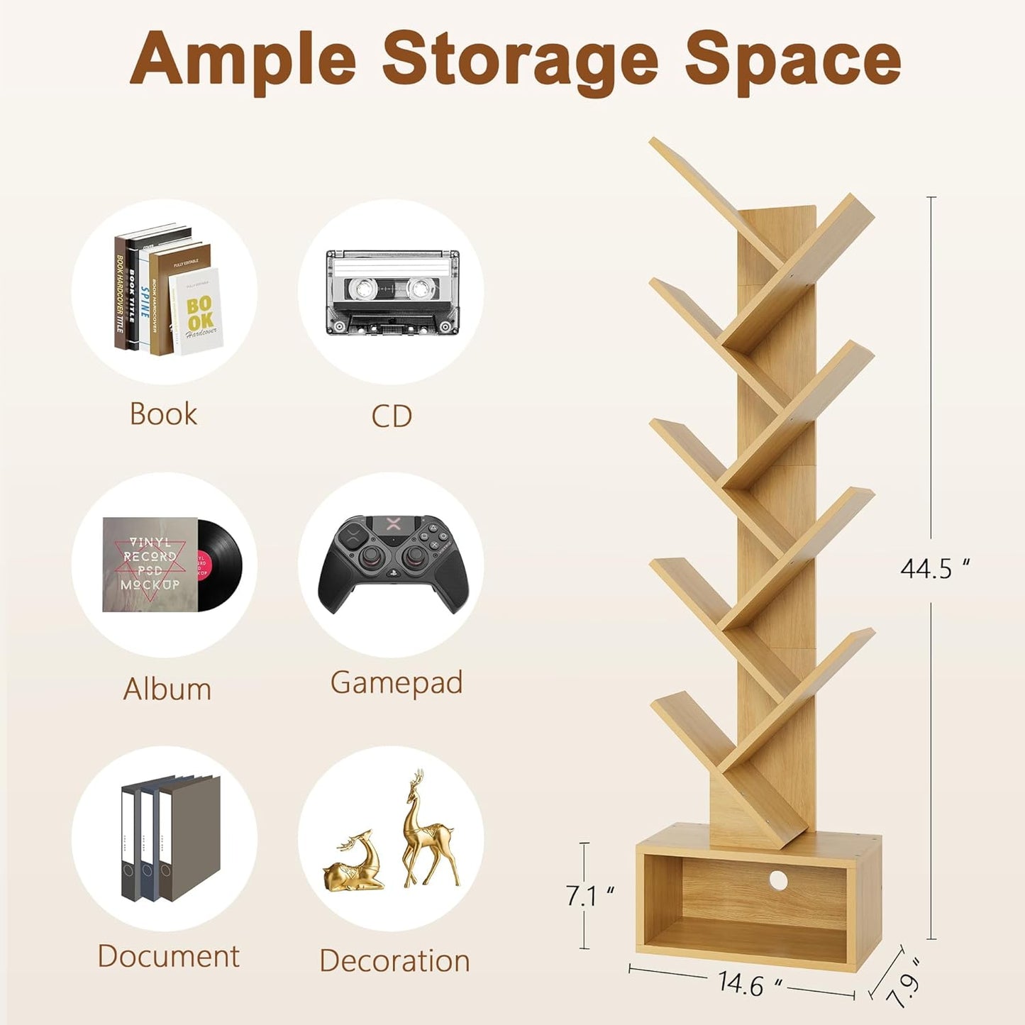 Hoctieon 9 Tier Tree Bookshelf, Tall Bookcase with Drawer, Wood Book Shelf, Modern Floor Standing Bookshelves, Book Organizer Shelves for Bedroom, Living Room, Home Office, Yellow