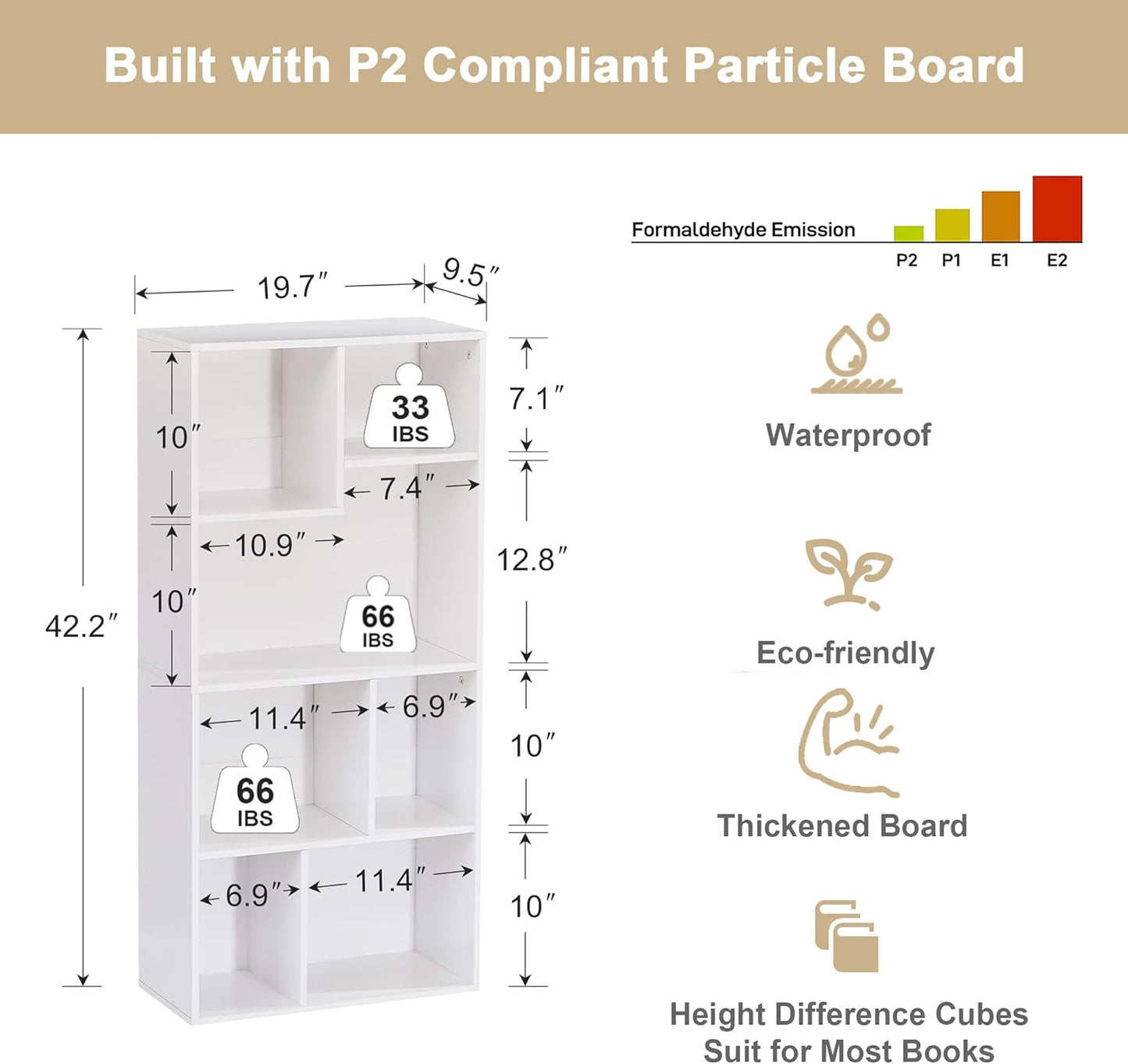 VECELO 42" Modern White Bookshelf, 7 Cube Organizer Bookcase,Fits Tallest Hardcovers, Horizontal Available,Floor Standing Display,Easy Assembly, Pearl White