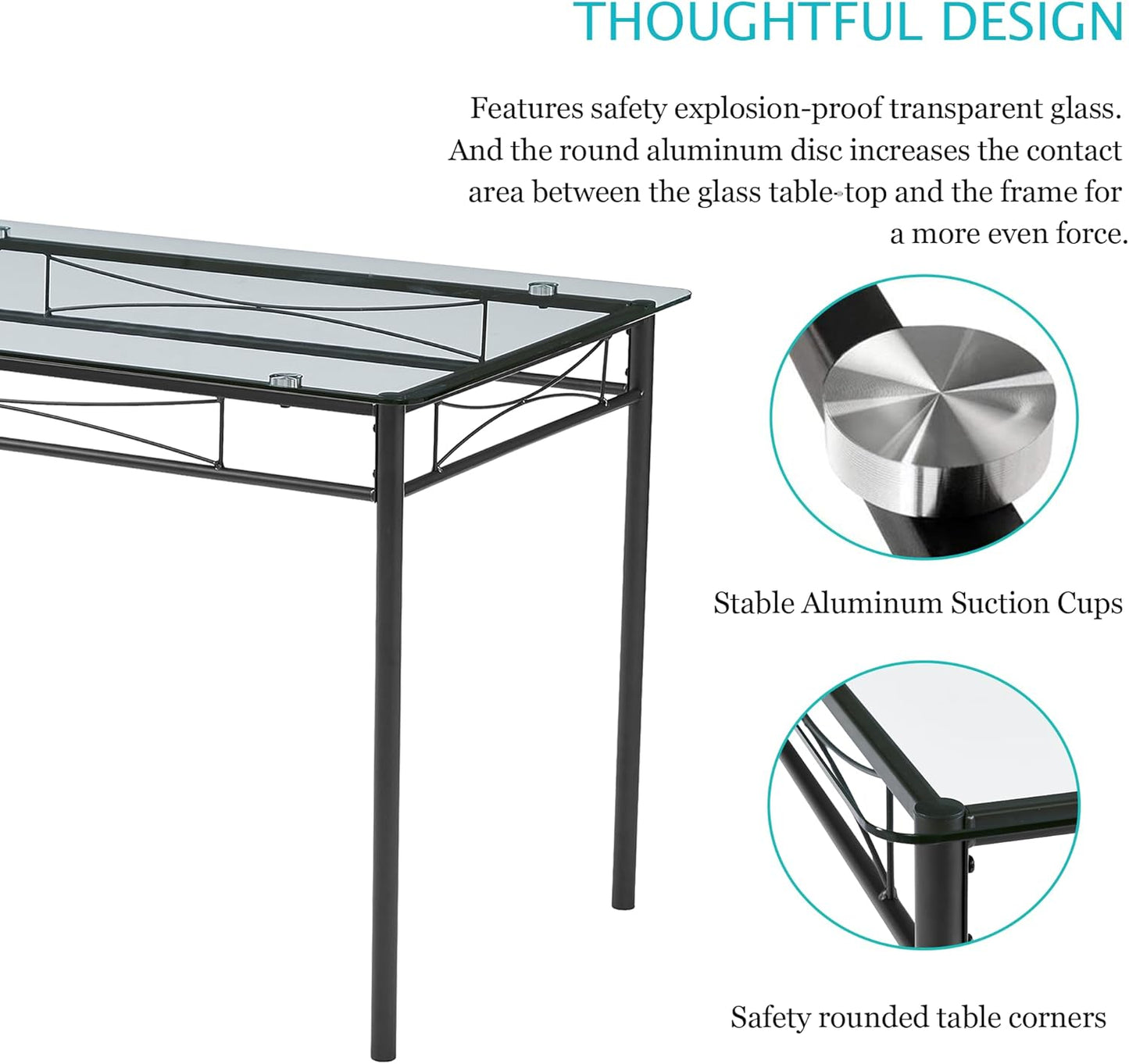 VECELO 5-Piece Kitchen Dining Table Set, Glasses Tabletop & Heavy-Duty Metel Frame, Rectangle Dinette with 4 Chairs for Small Space, Breakfast Nook, Glasses & Black