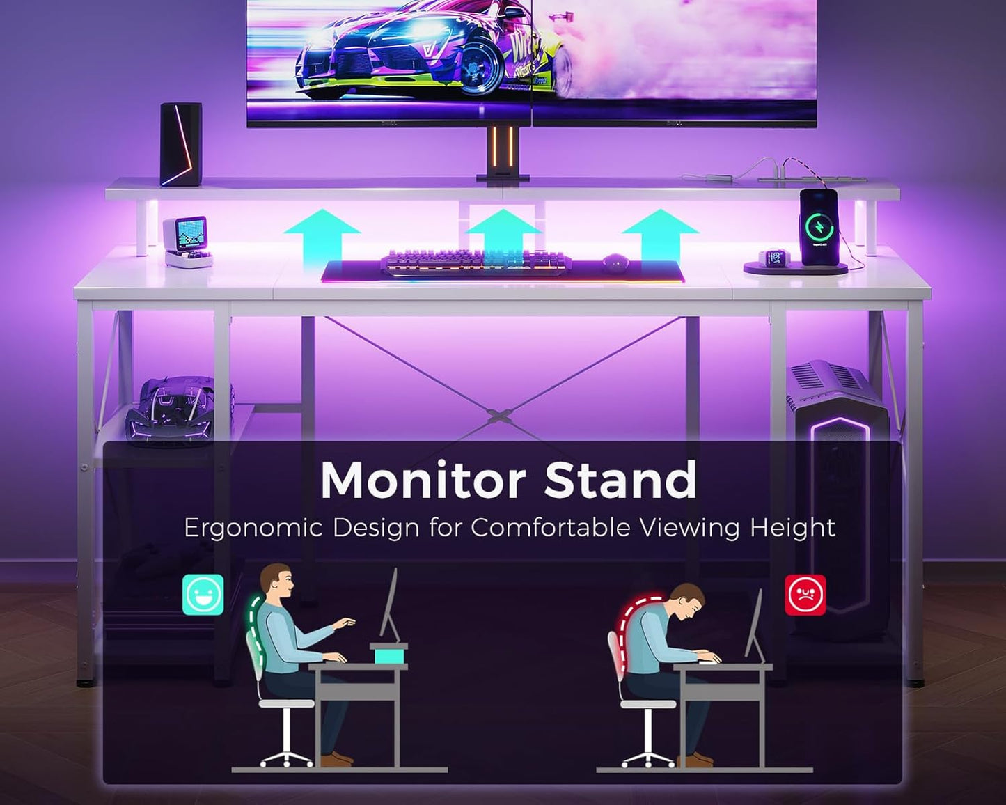 ODK 48 Inches Gaming Desk with LED Lights, Computer Desk with Monitor Stand, Pc Table with CPU Stand, Pure White