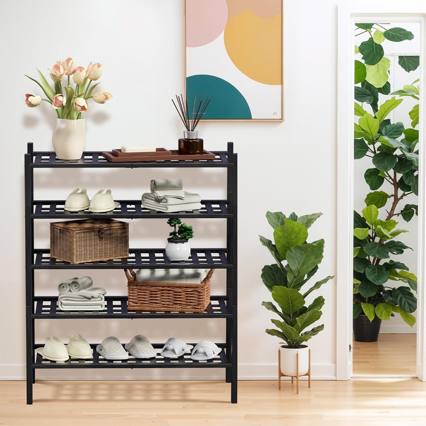 Haddockway 5 Tier Bamboo Shoe Rack Storage Organizer, Multifunctional Free Standing Stackable Shoe Shelf with Grid Panel for Closet,Hallway,Entryway,Small Space 27"x11"x32"(Black, 5 Tier)