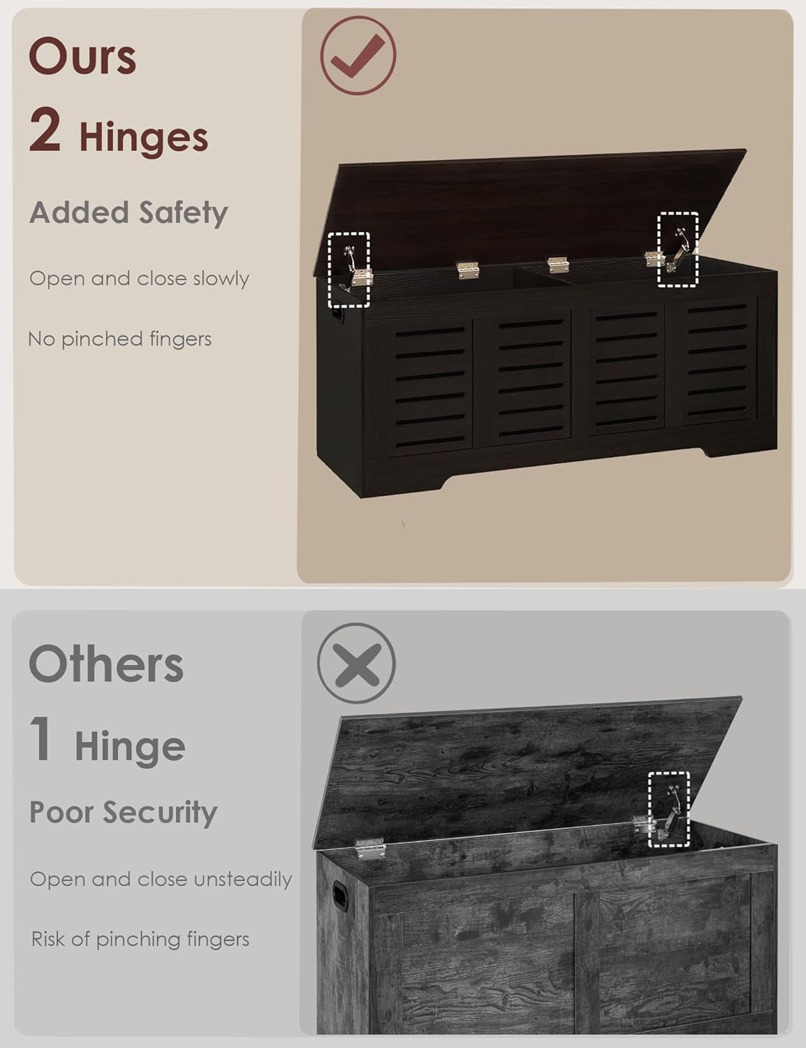 DINZI LVJ Storage Chest, 47.3” Wooden Toy Box with 2 Safety Hinges, Retro Entryway Shoe Storage Bench with Flip-Top, Sturdy Large Storage Trunk for Living Room, Bedroom, Easy Assembly, Espresso