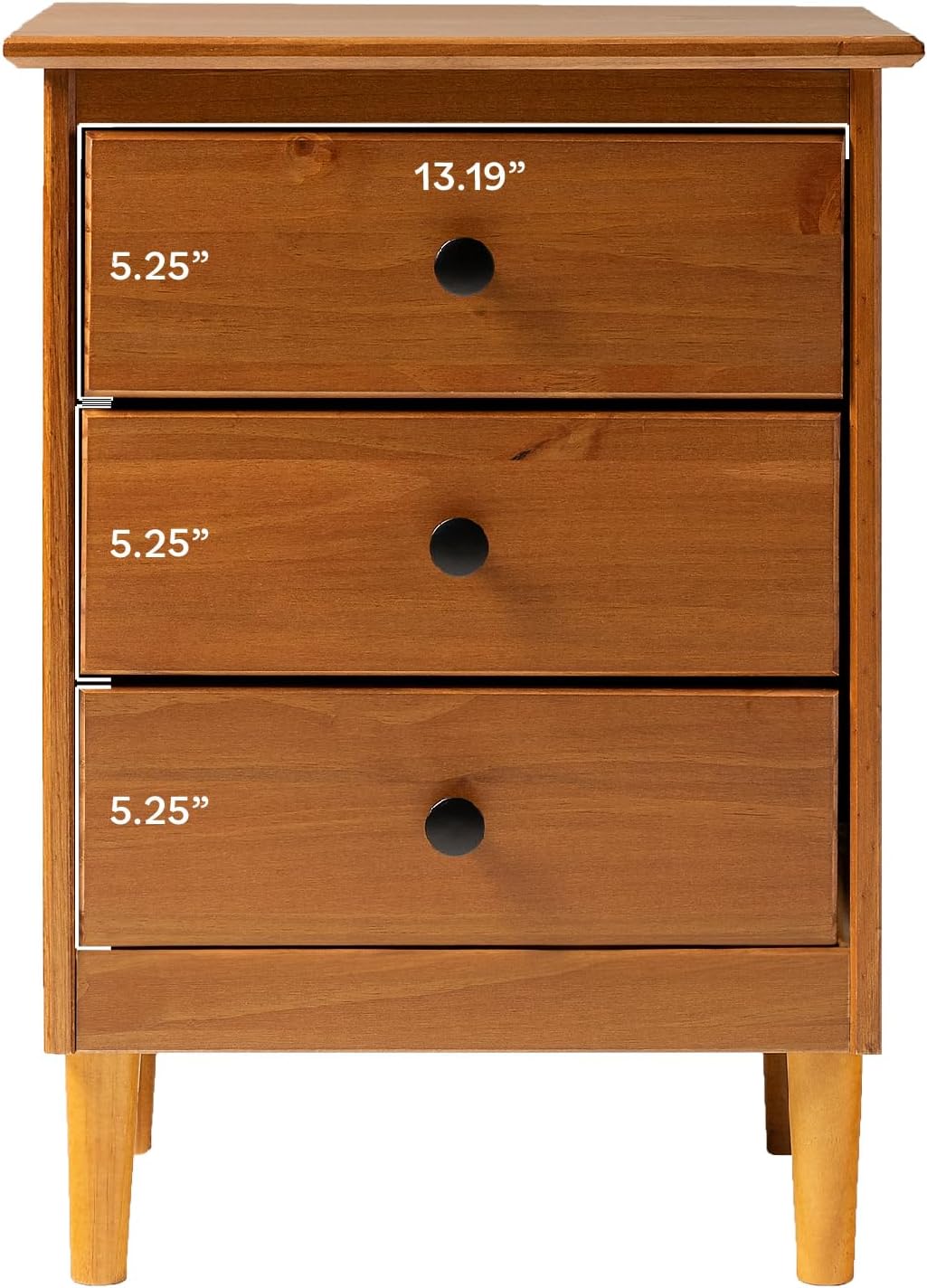 Walker Edison Traditional Wood 3 Drawer Nightstand Side Table Bedroom Storage Drawer and Shelf Bedside End Table, 18 Inch, Caramel