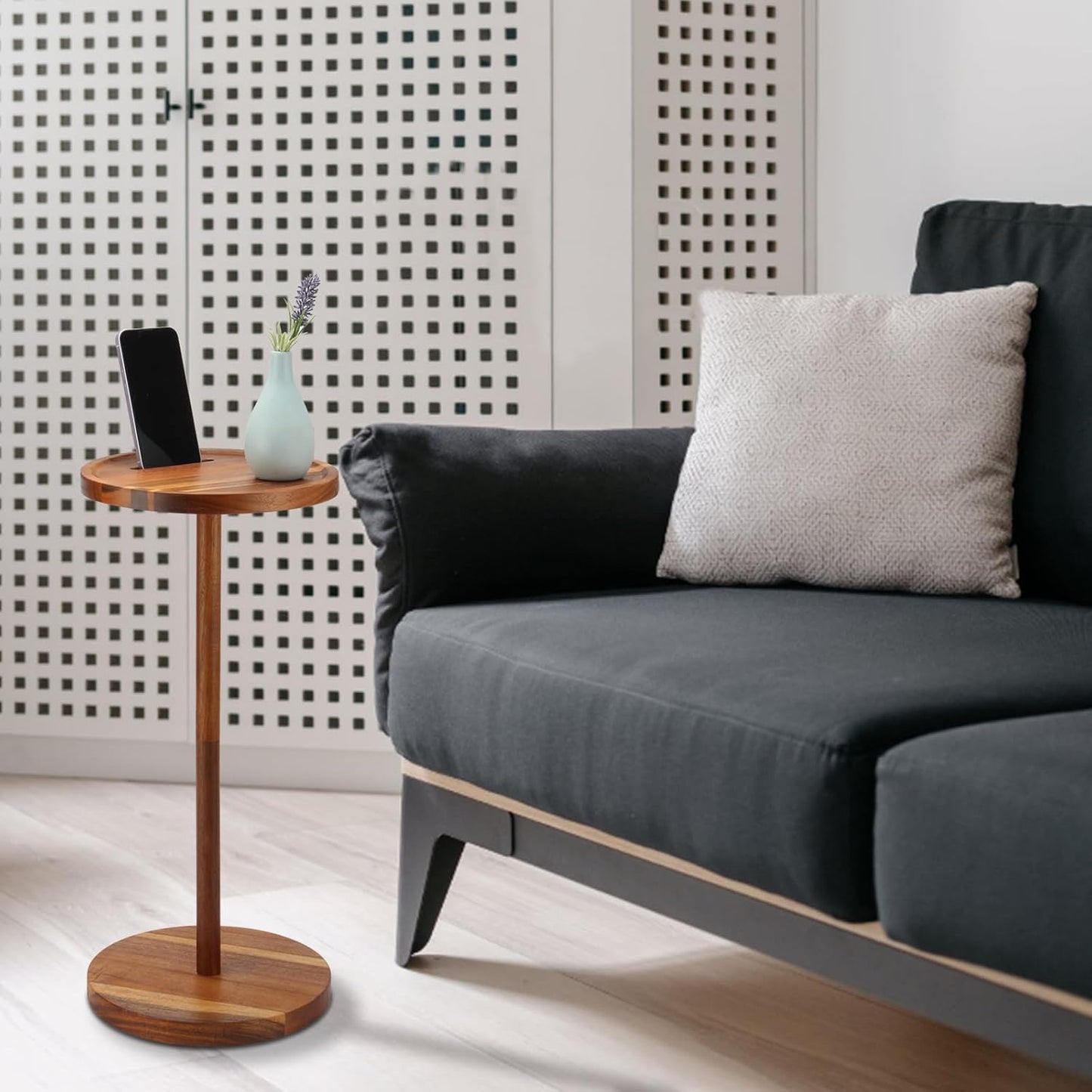 Acrylic Drink End Table, Clear Drink Table for Small Spaces with Anti-Slip Pads, 9.8" Round Modern Side Coffee Table for Living Room/Bedroom/Bathroom/Office/Outdoor/Business (Wood, Brown)