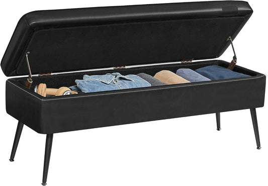 VASAGLE EKHO Collection - Storage Ottoman Bench, Entryway Bedroom Bench, 15 Gallons, Synthetic Leather with Stitching, Mid-Century Modern, Safety Hinges, Loads 660 lb, Ink Black ULOM074B01