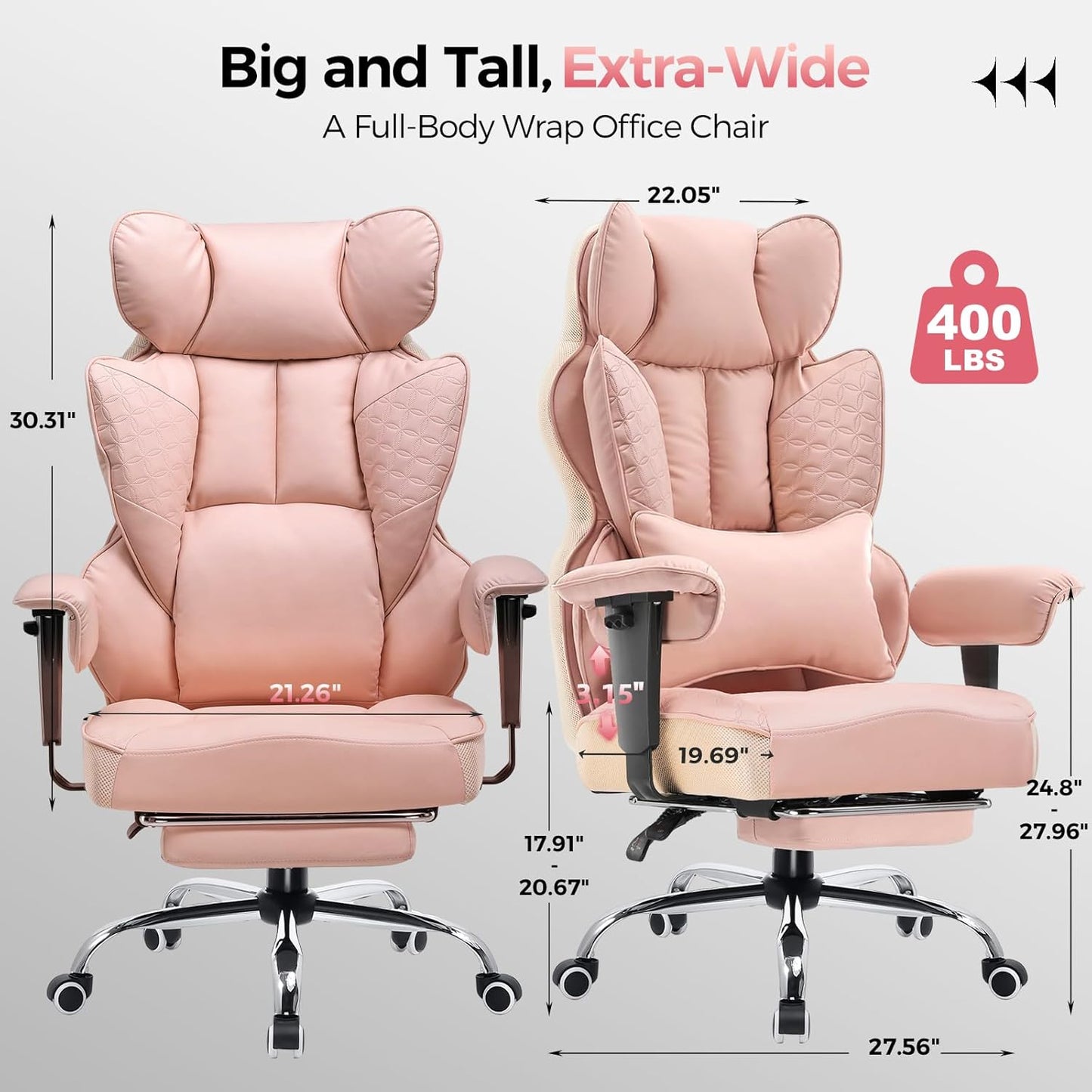 GTRACING Big and Tall Gaming Chair 400lbs Heavy Duty Office Chair with Foot Rest & Ergonomic Pocket Spring Lumbar Support, High Back 3D Saddle Shaped Cushion for Back Pain Relief, Pink