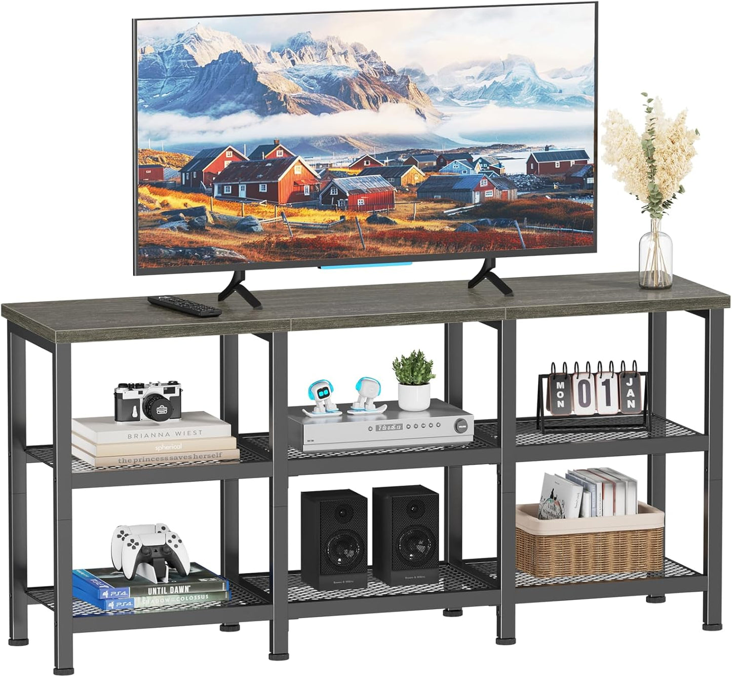 Furologee TV Stand, 43 Inch Entertainment Center with 3-Tier Storage Shelves, Industrial Media Console Table for TVs up to 50 Inch, Television Stands for Living Room, Bedroom, Light Black Oak