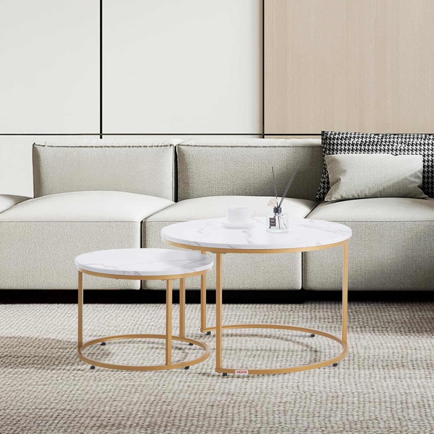 VEVOR Nesting Tables, Coffee Table Set of 2, 31.5 inch Round Coffee Table, Small Coffee Tables Night Stand with Metal Frame, for Living Room, Bedroom, Office (White & Gold)