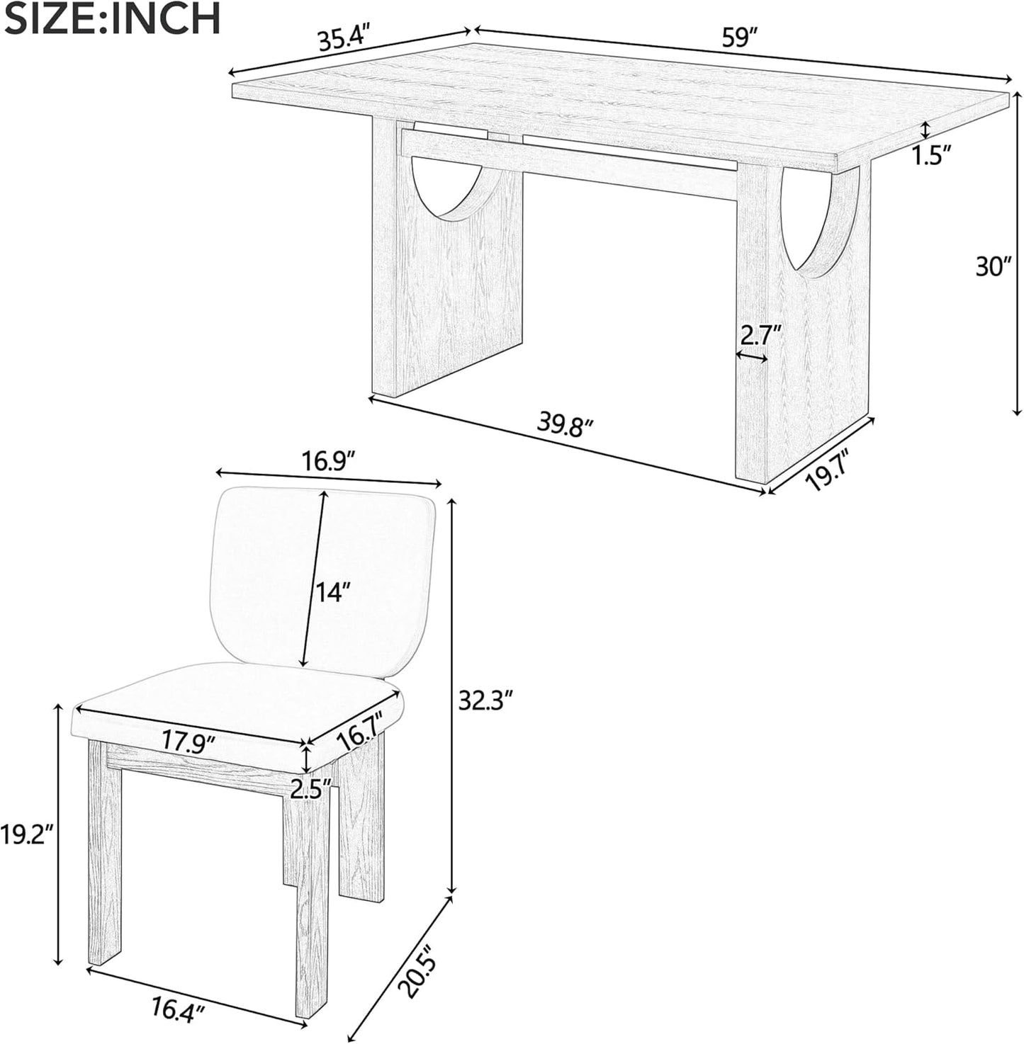 Ball & Cast 7-Piece Dining Table Set for 6 People, 59" Wood Dining Kitchen Table & Chairs Set, Dining Room Table with Trestle Base and 6 Upholstered Chairs, Perfect for Dining Room,Natural Wood Wash