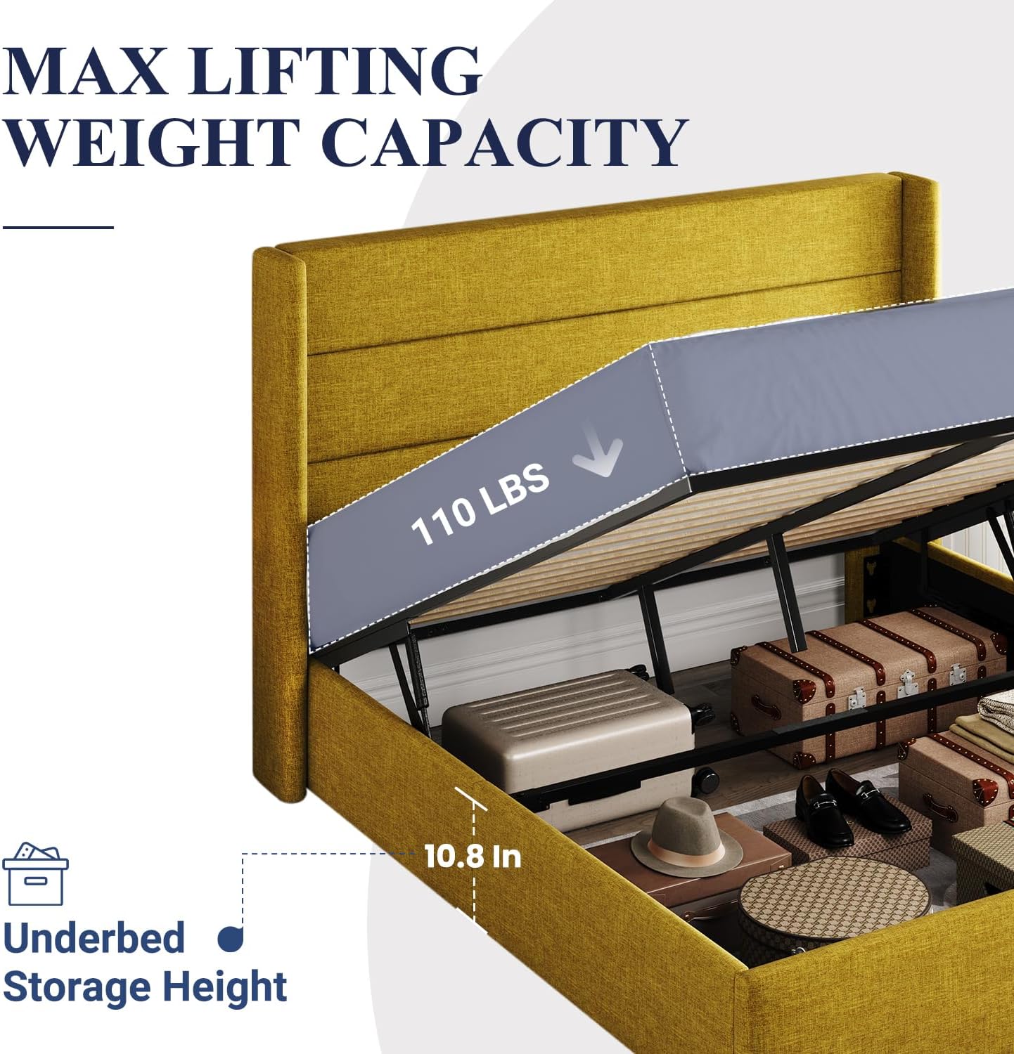 Allewie Full Size Lift Up Storage Bed, Modern Wingback Headboard, Hydraulic Support, No Box Spring Needed, Olive Yellow